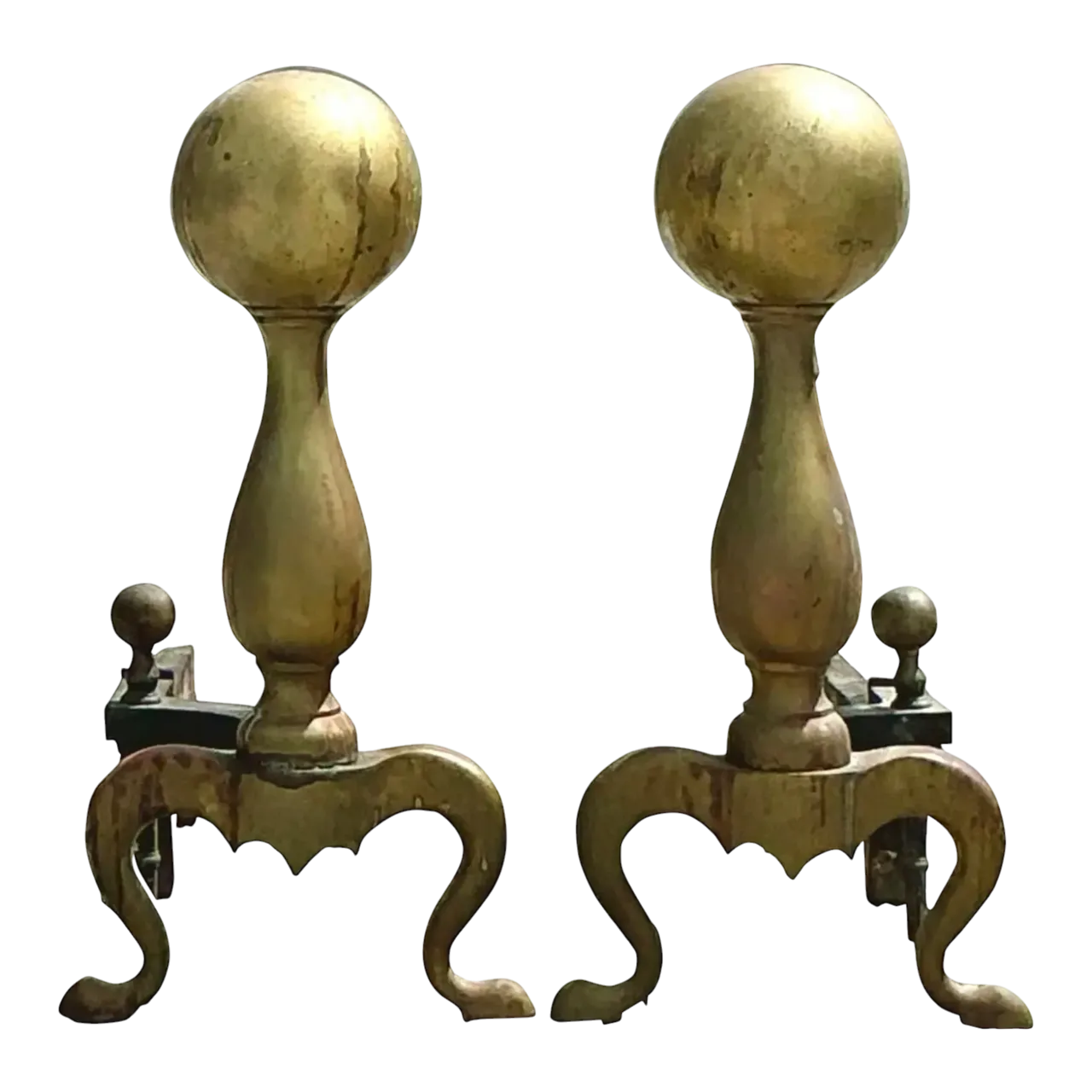 Vintage 19th Century Brass Cannonball Andirons - Set of 2
