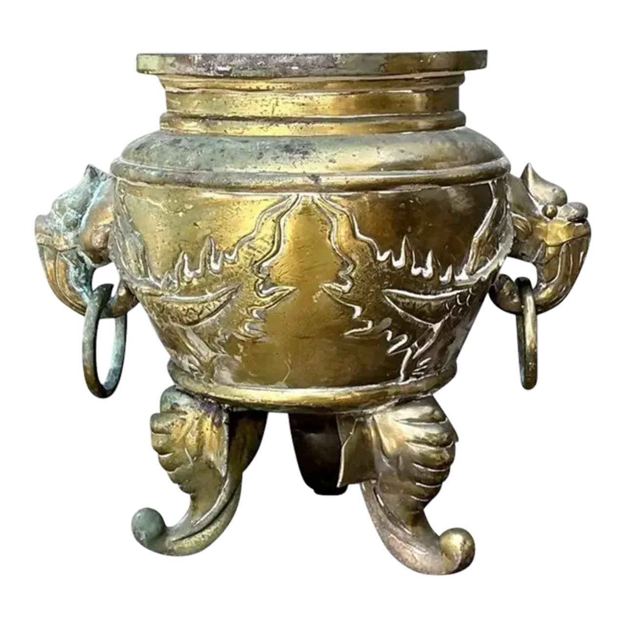 Vintage Asian Brass Dragon Cache Pot