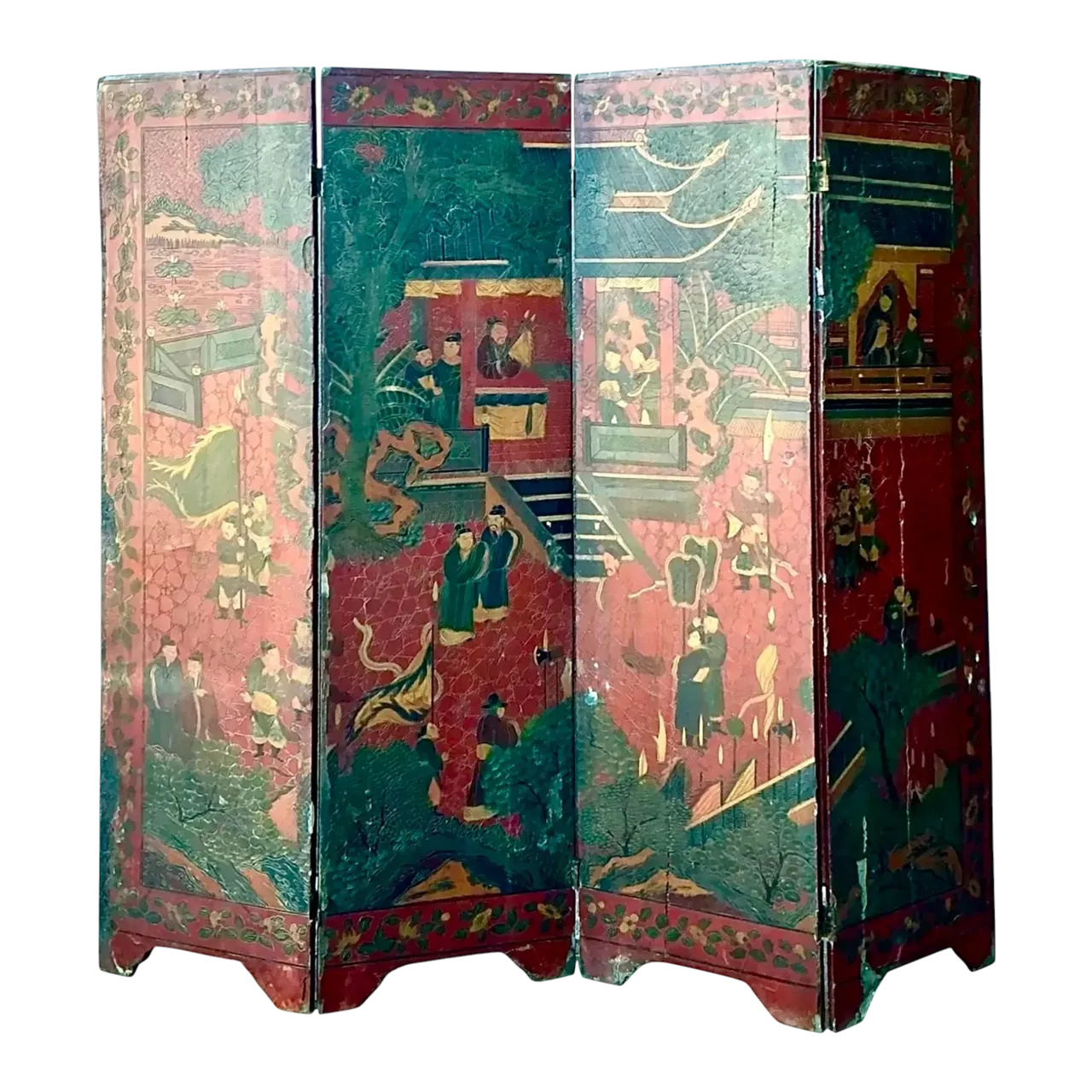 Vintage Asian Chinoiserie Four Panel Screen