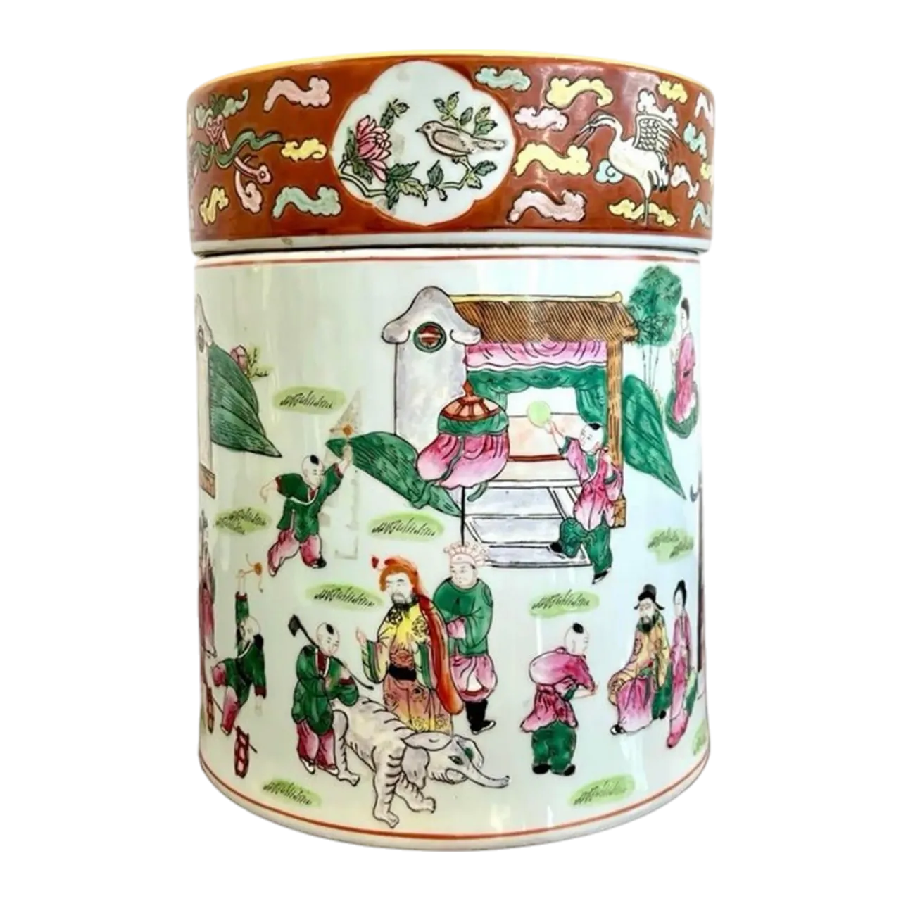 Vintage Asian Chinoiserie Hand Painted Lidded Vase