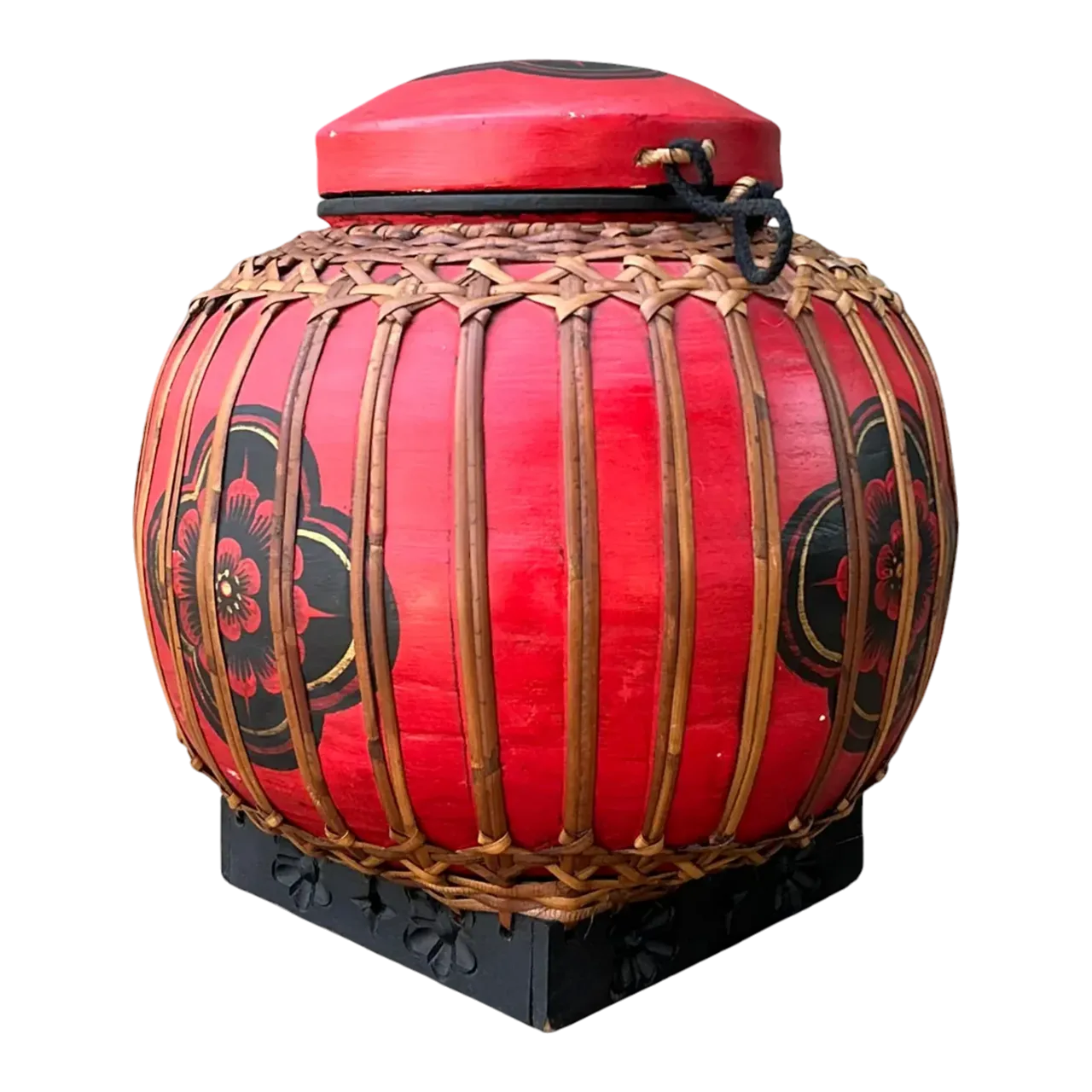 Vintage Asian Rattan Wrapped Lidded Basket