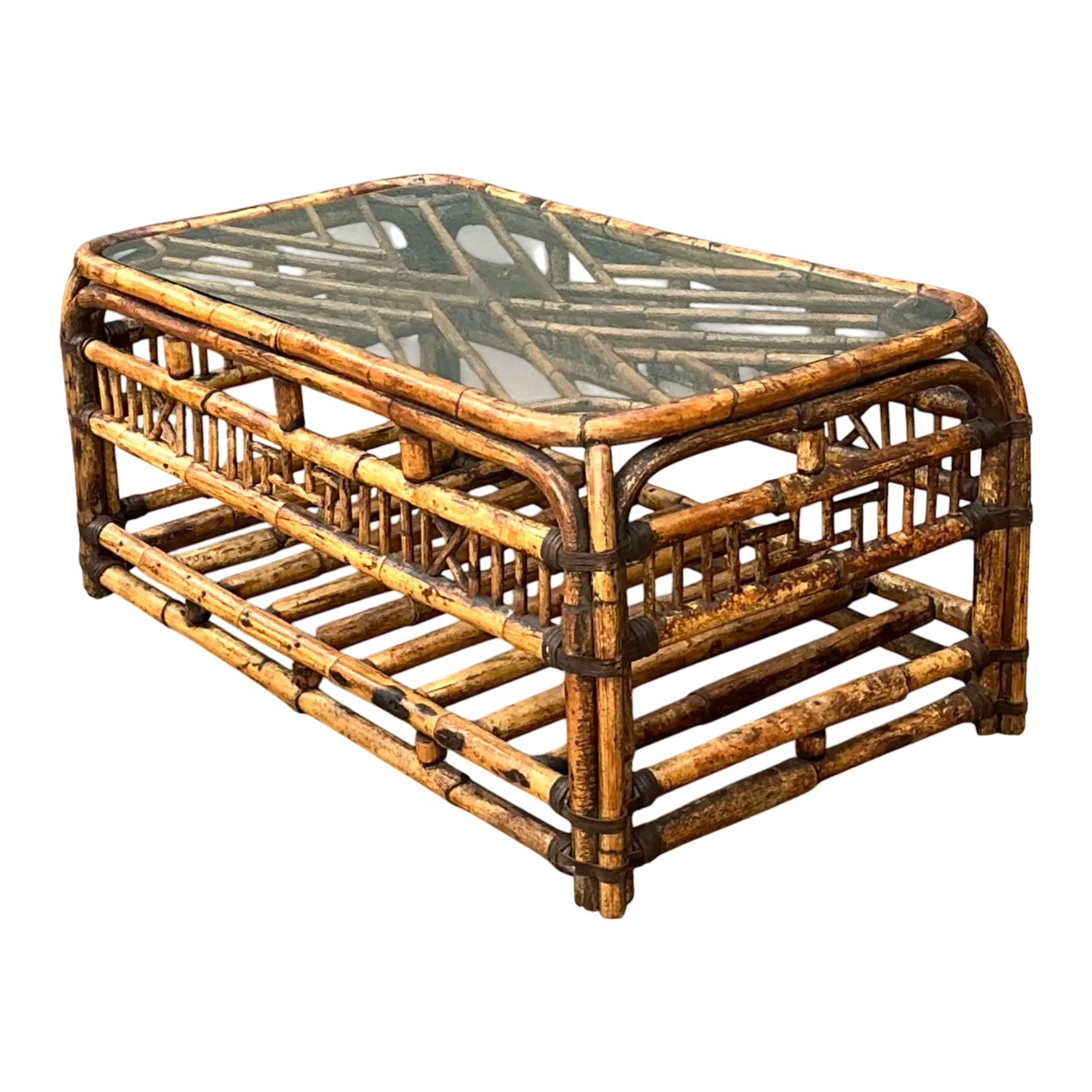 Vintage Bamboo Fretwork and Glass Coffee Table