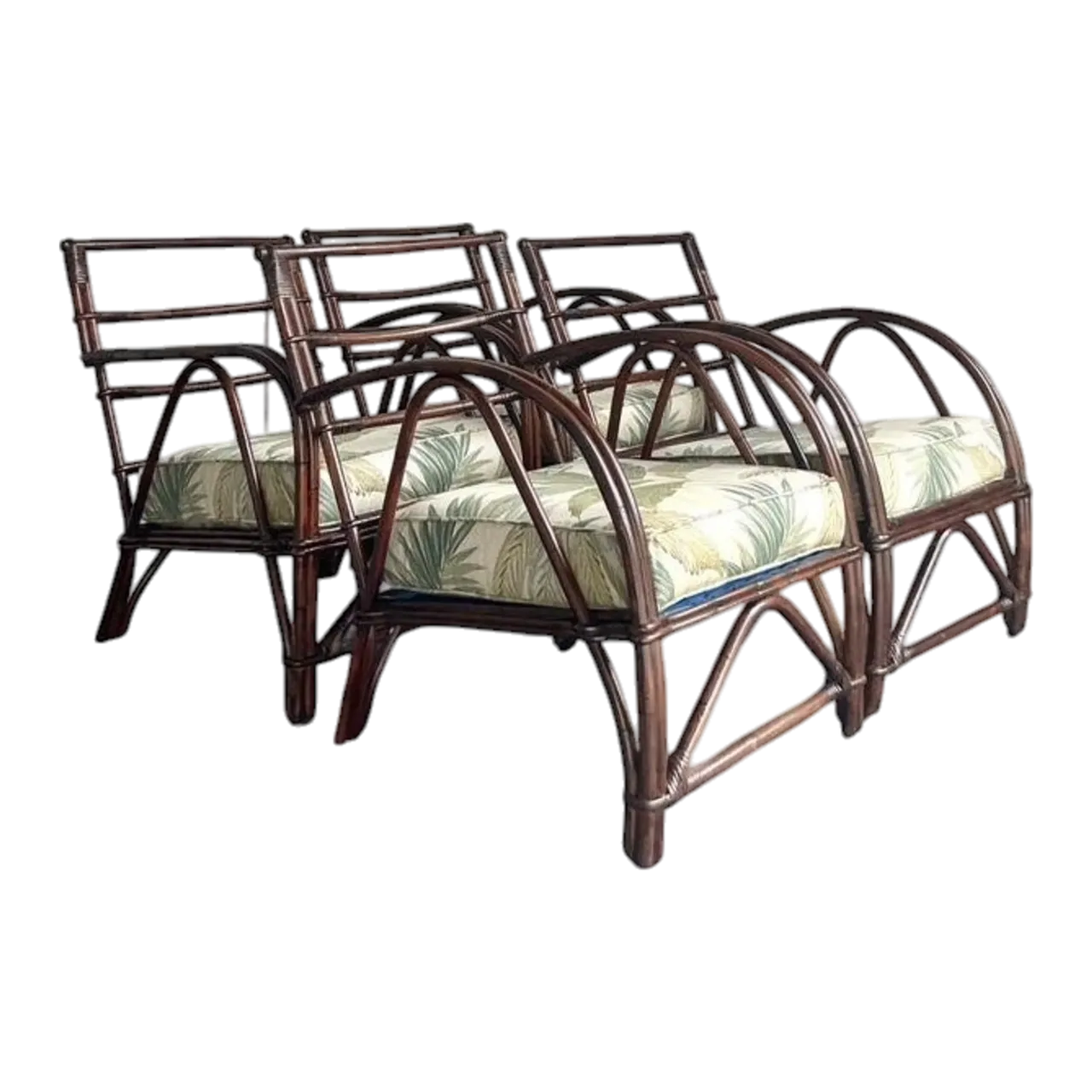 Vintage Boho 1940s Wicker Craft Bent Rattan Lounge Chairs - Set of 4