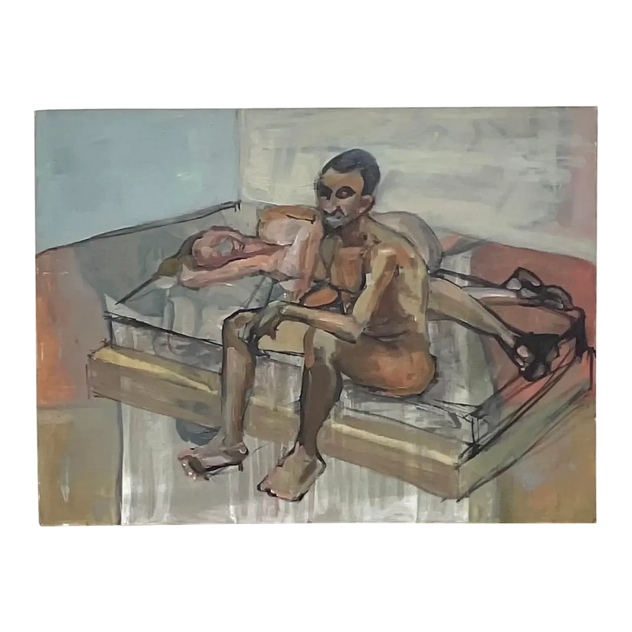 Vintage Boho 1968 Original Abstract Figural Oil on Canvas