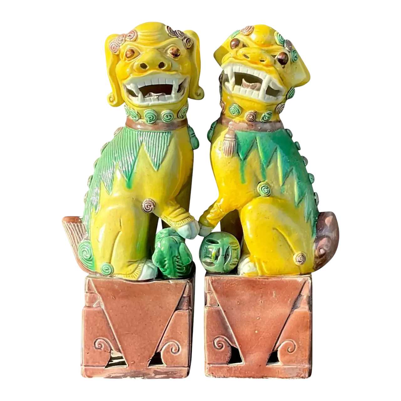 Vintage Boho 19th Century Glazed Ceramic Foo Dogs - a Pair