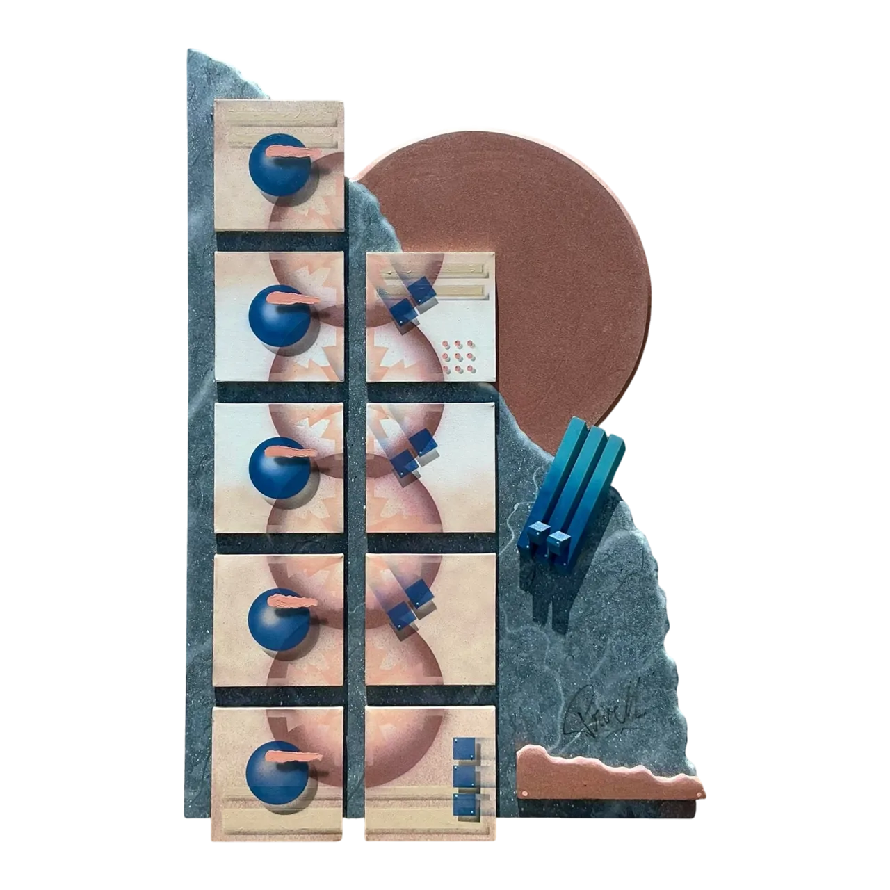 Vintage Boho 90s Abstract Geometric Mixed Media Wall Sculpture