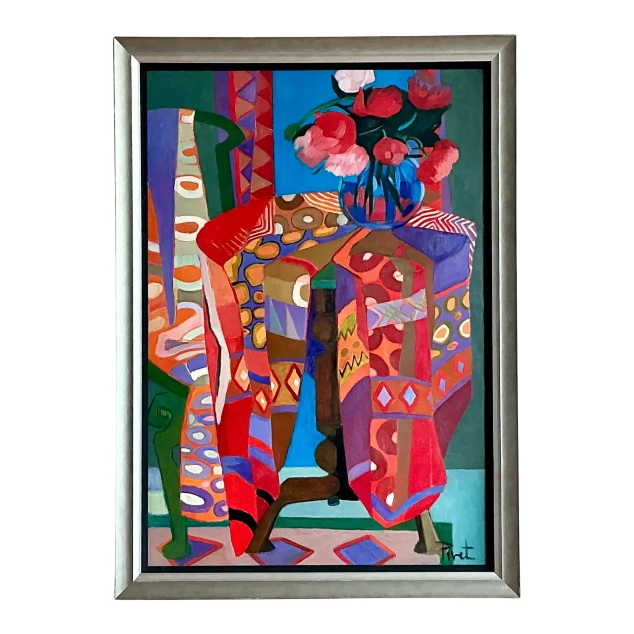 Vintage Boho Abstract Painting Oil on Canvas - Canvas, 35W x 49H