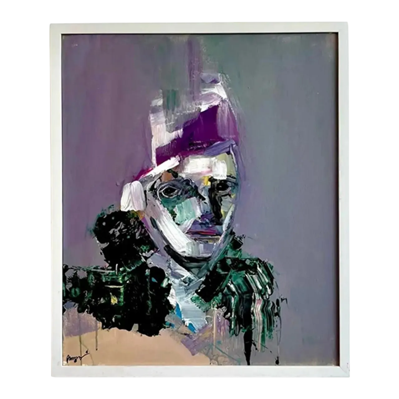 Vintage Boho Abstract Purple Tone Painting in White Frame