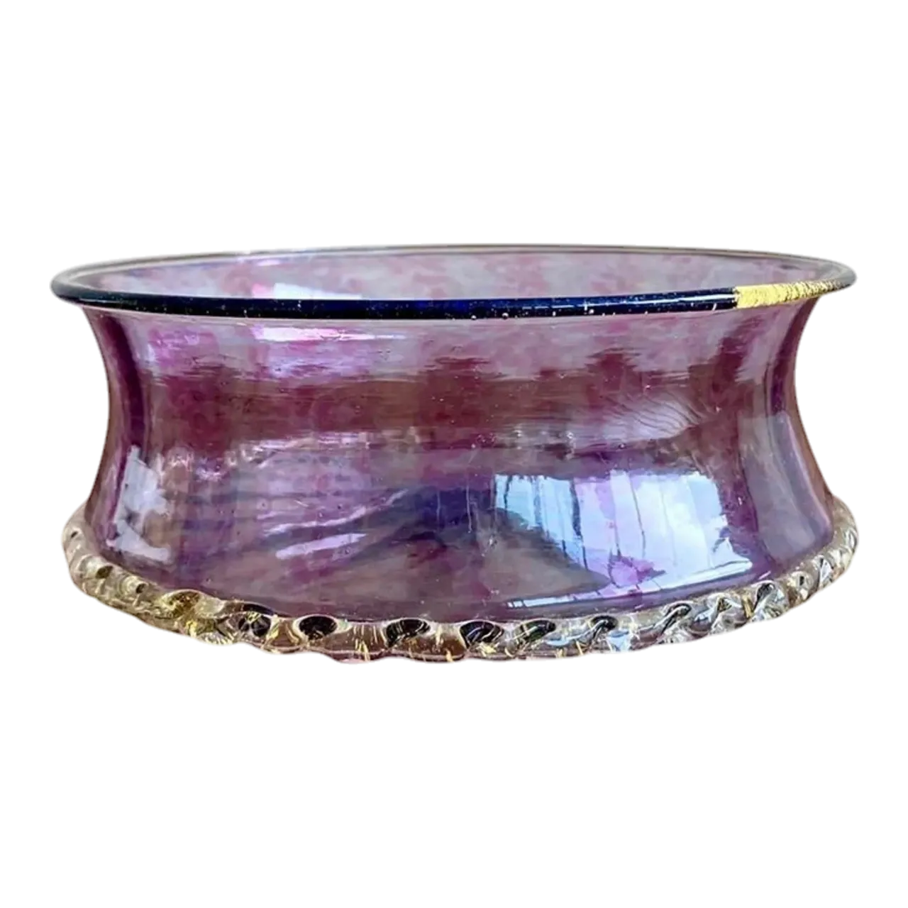 Vintage Boho Amethyst Handblown Glass Bowl With Scalloped Edge
