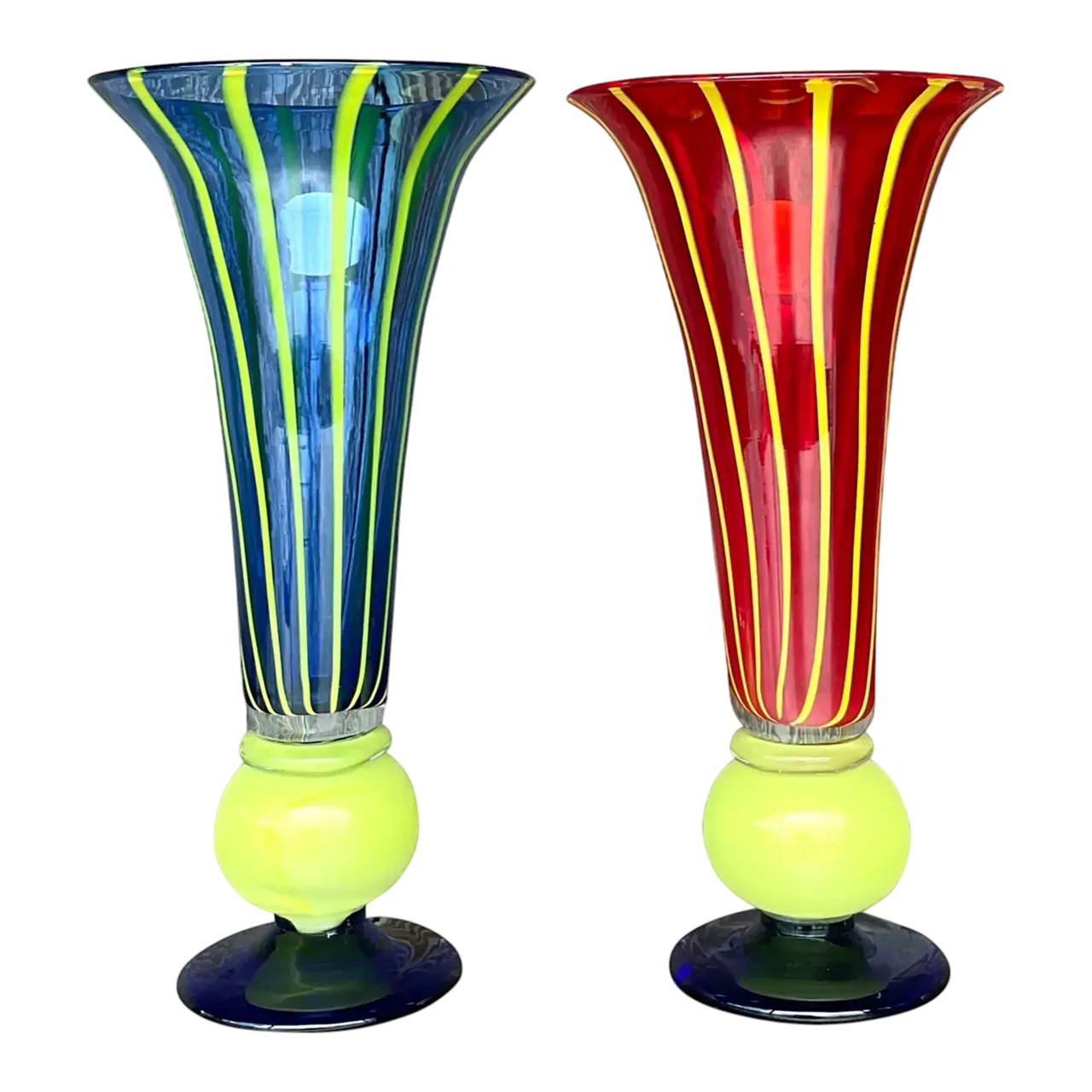 Vintage Boho Art Glass Trumpet Vases - Set of 2