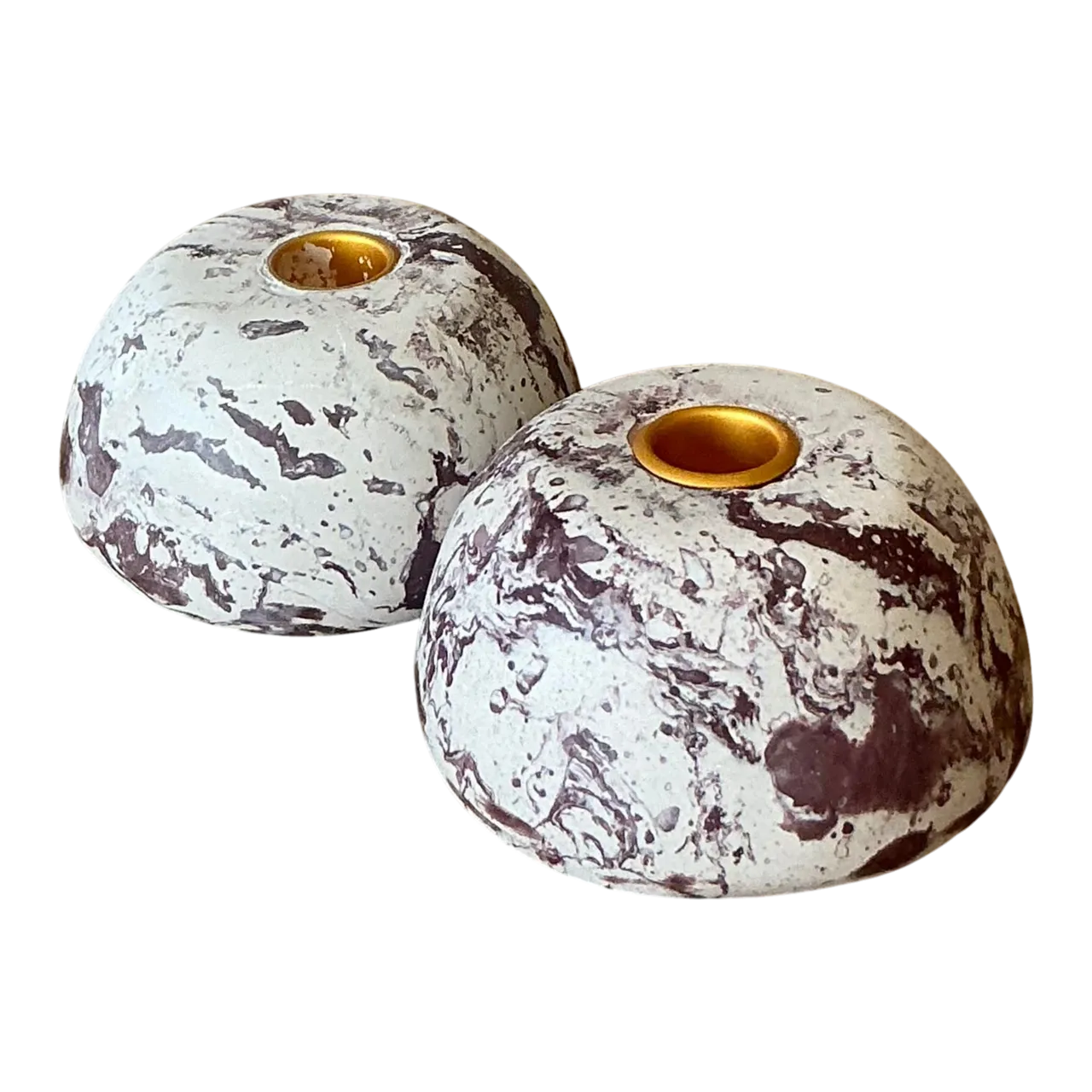 Vintage Boho Artisan Pigmented Plaster Scagliola Low Dome Candlestick Holders - Set of 2