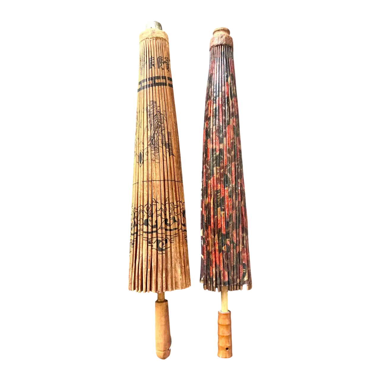 Vintage Boho Asian Patinated Paper Parasols - Set of 2