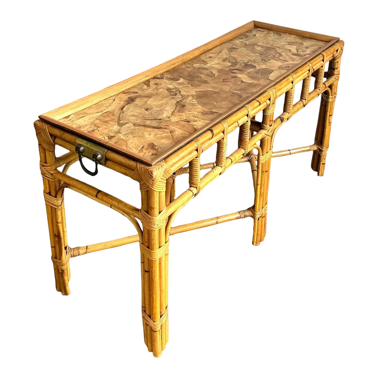 Vintage Boho Bamboo and Burlwood Console Table