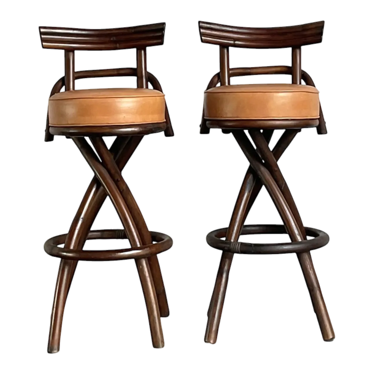 Vintage Boho Bent Rattan Bar Stools - A Pair