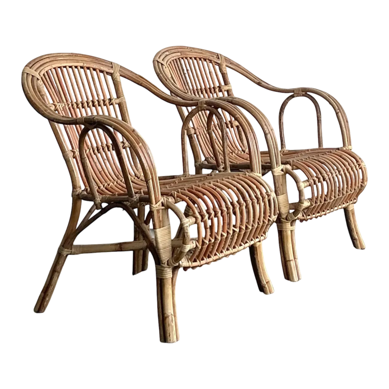 Vintage Boho Bent Rattan Lounge Chairs - A Pair