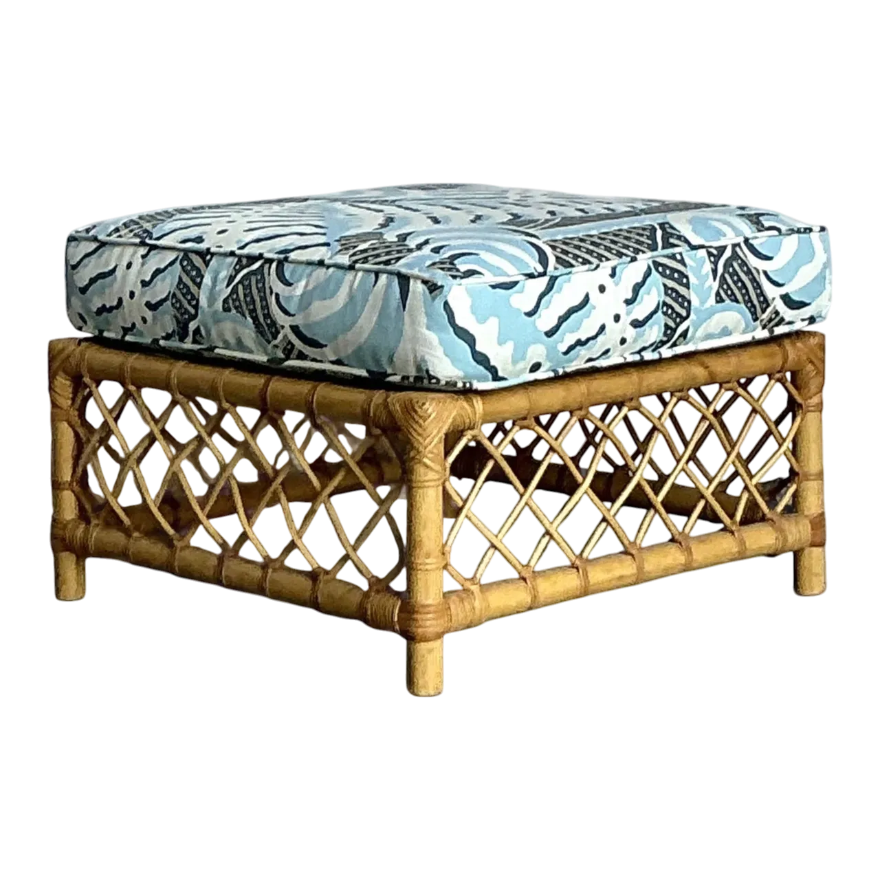 Vintage Boho Bielecky Brothers Trellis Rattan Ottoman in Alan Campbell “Ferns”