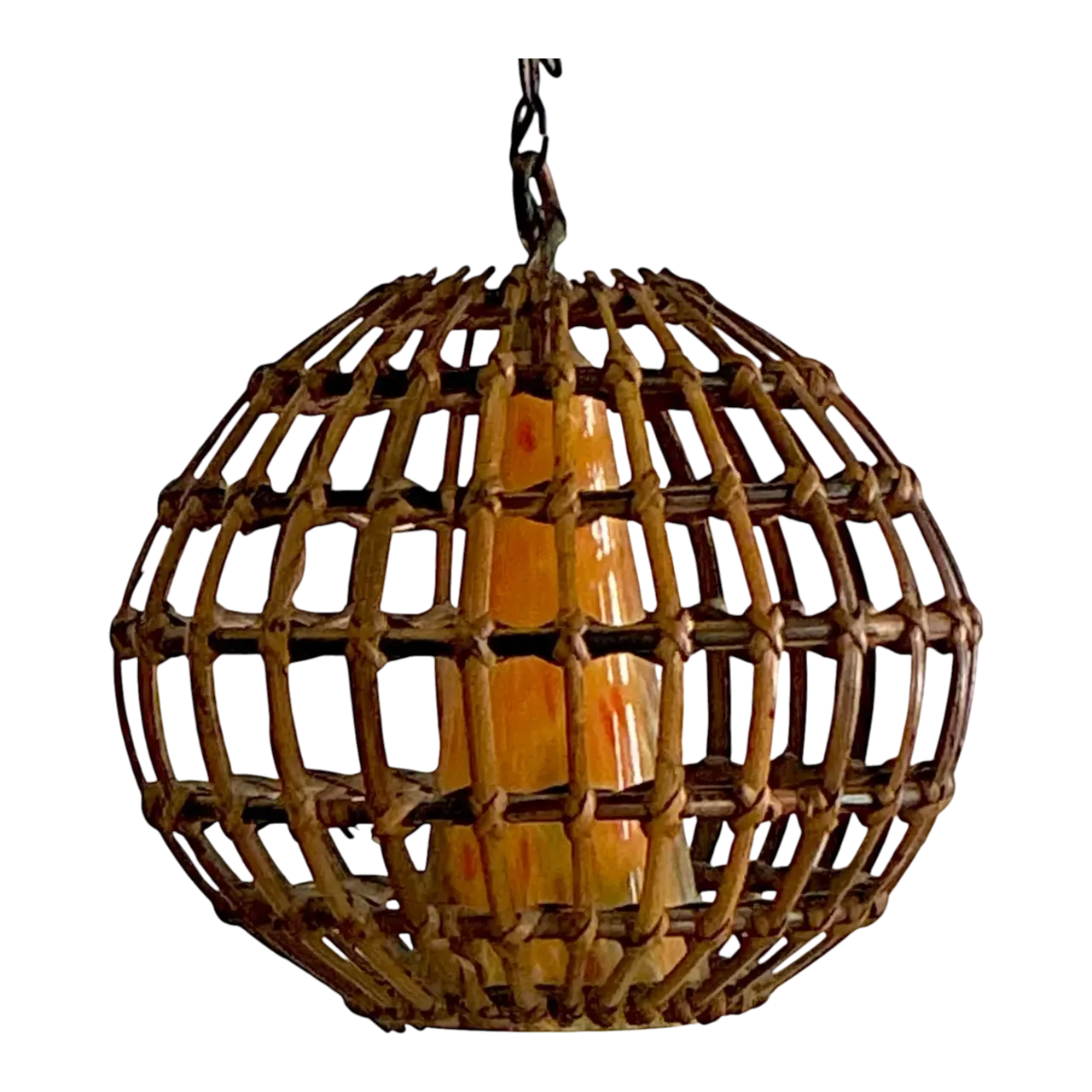 Vintage Boho Cage Rattan and Blown Glass Cone Chandelier