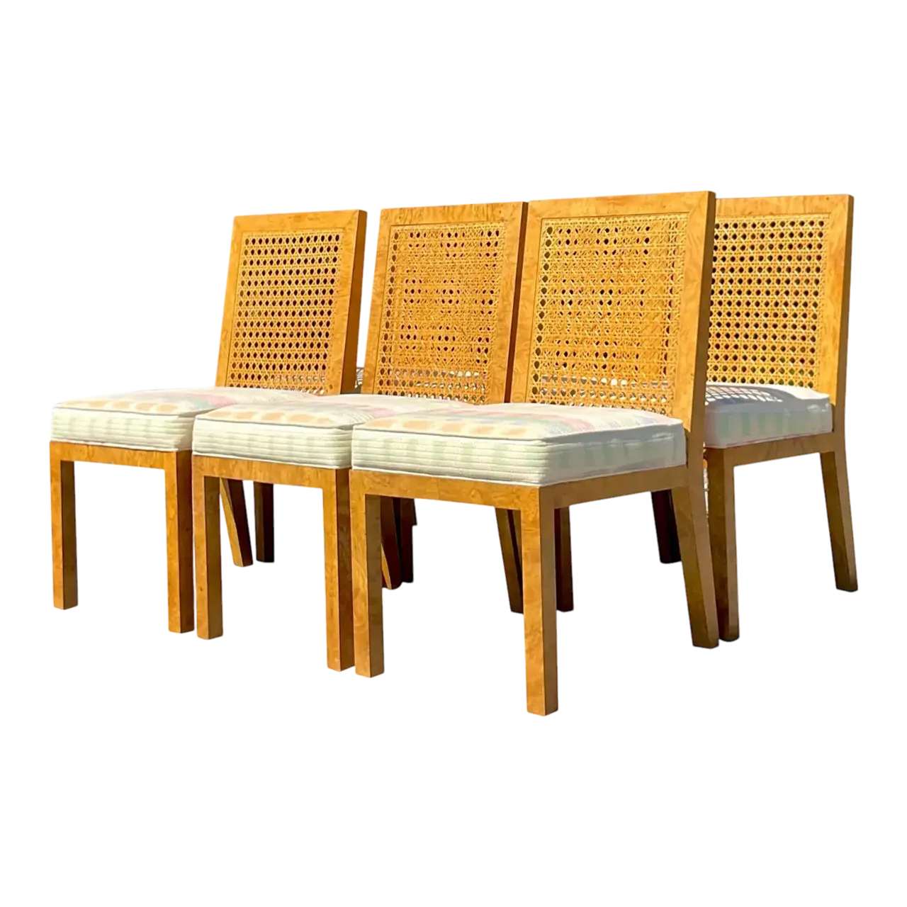 Vintage Boho Cane and Burl Wood Dining Chairs After Widdicomb - Set of 6