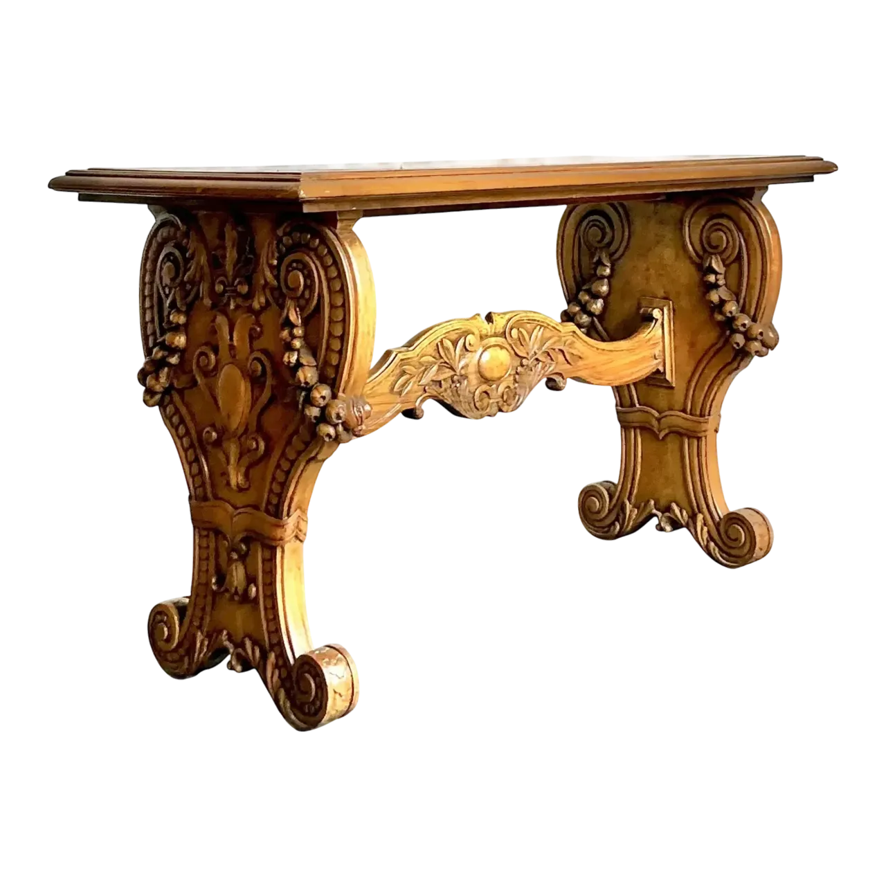 Vintage Boho Carved Burl Wood Console Table