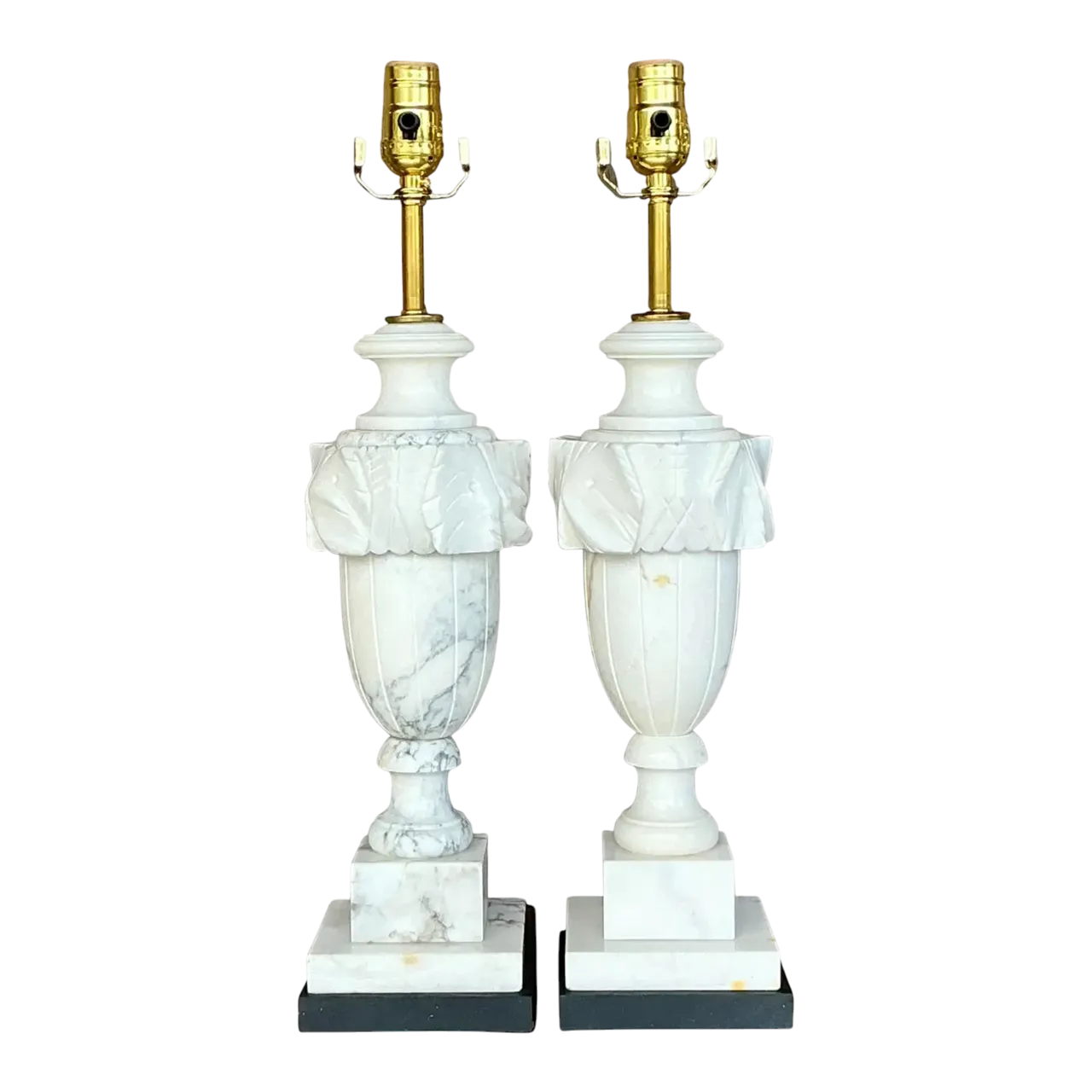 Vintage Boho Carved Stone Leaf Lamps - a Pair