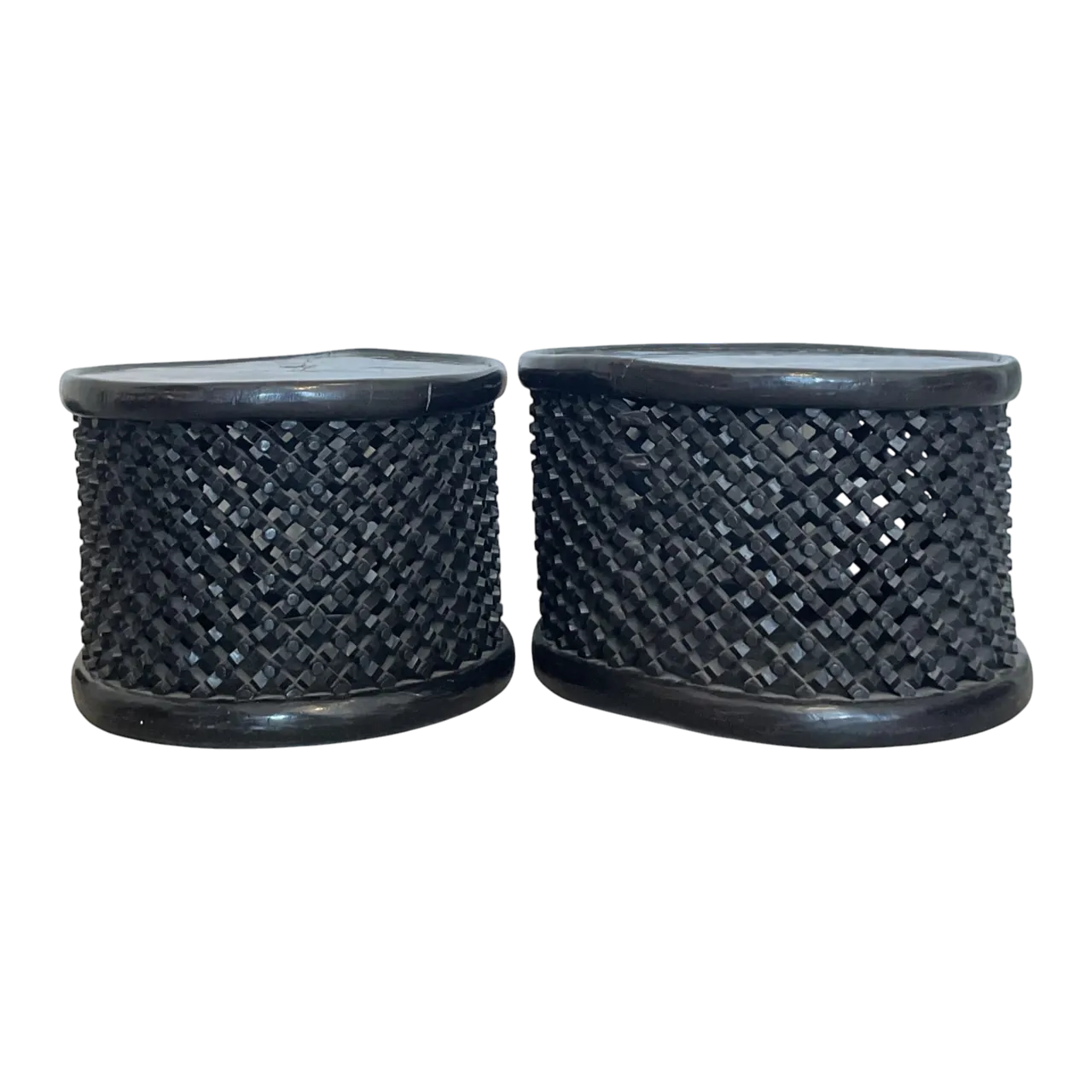 Vintage Boho Carved Wood Bamileke Tables - Set of 2