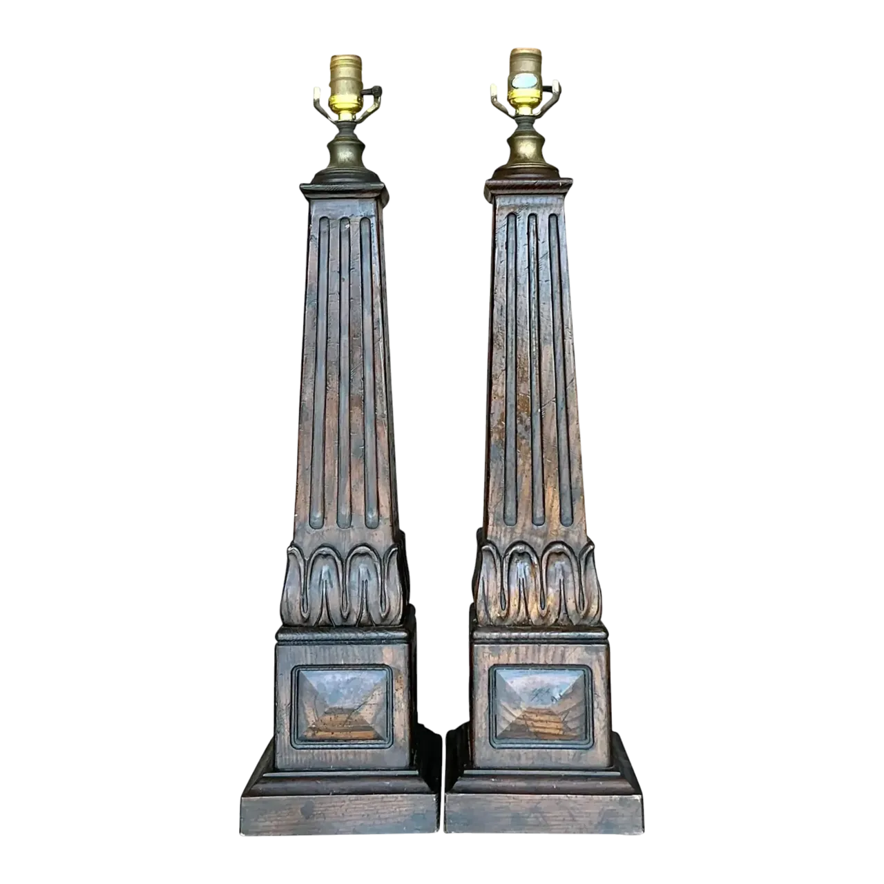 Vintage Boho Carved Wood Column Lamps - a Pair