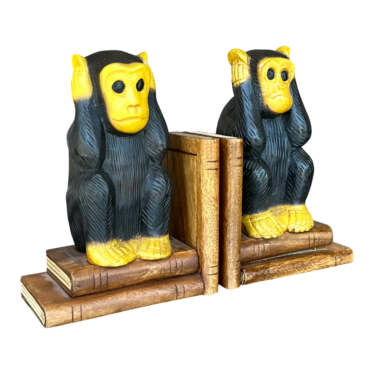 Vintage Boho Carved Wood Monkey Bookends - A Pair