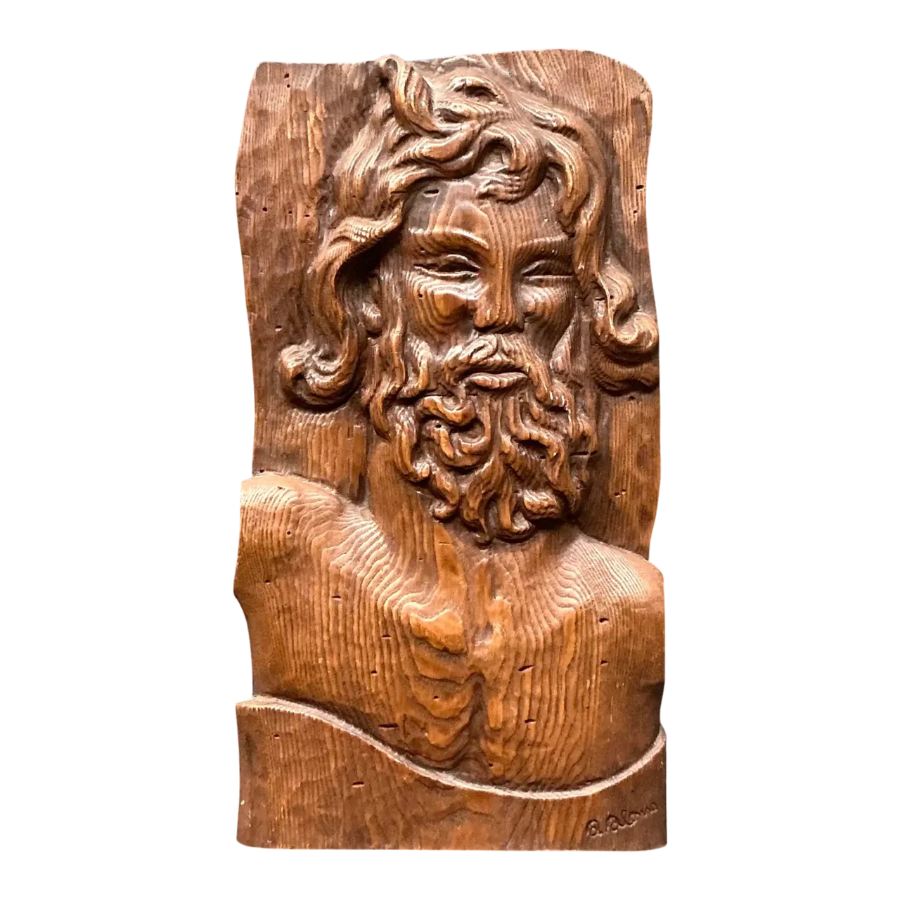 Vintage Boho Carved Wood Panel of Man