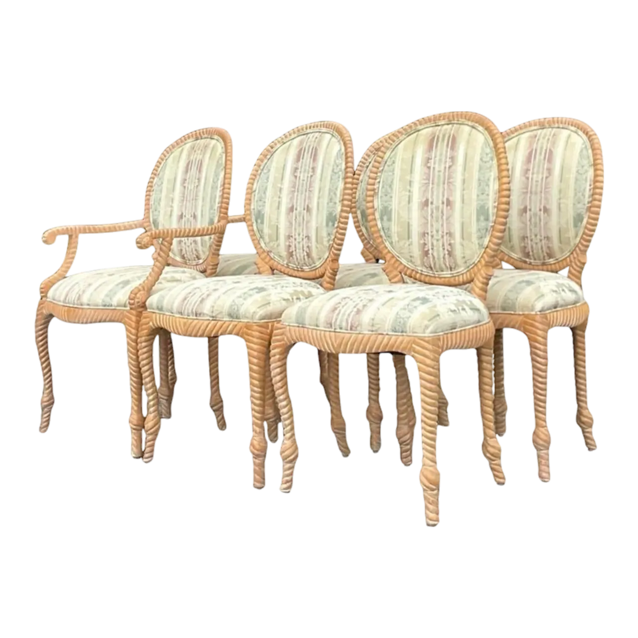 Vintage Boho Carved Wood Rope Design Dining Chairs - Set of 6