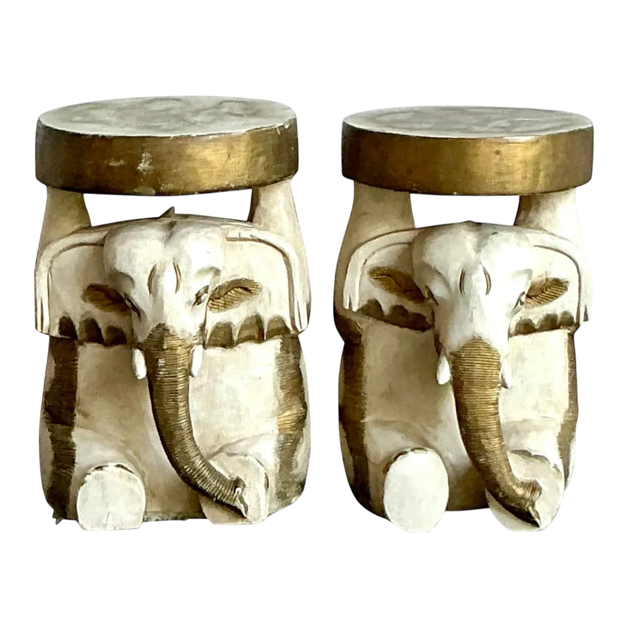 Vintage Boho Carved Wooden Elephant Low Stool - A Pair