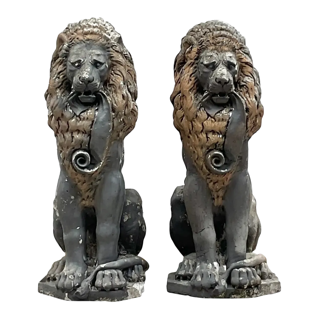 Vintage Boho Cast Concrete Lion Statues - a Pair