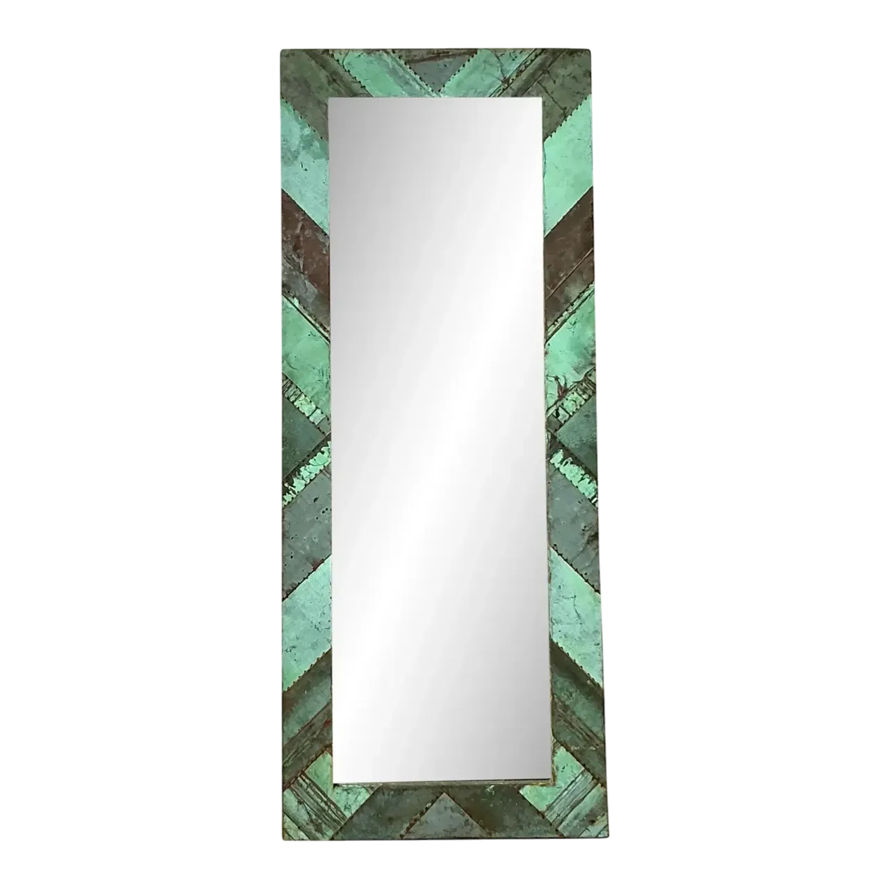 Vintage Boho Chevron Verdigris Copper Floor Mirror