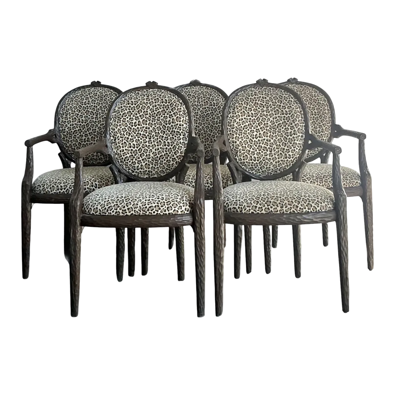 Vintage Boho Faux Bois Leopard Dining Chairs - Set of 5