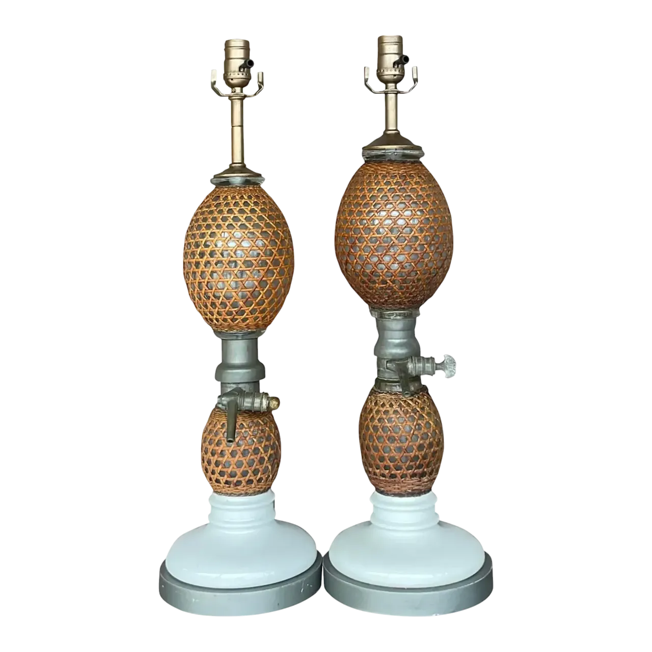 Vintage Boho French “Briet Brevete” Rattan and Glass Lamps - a Pair