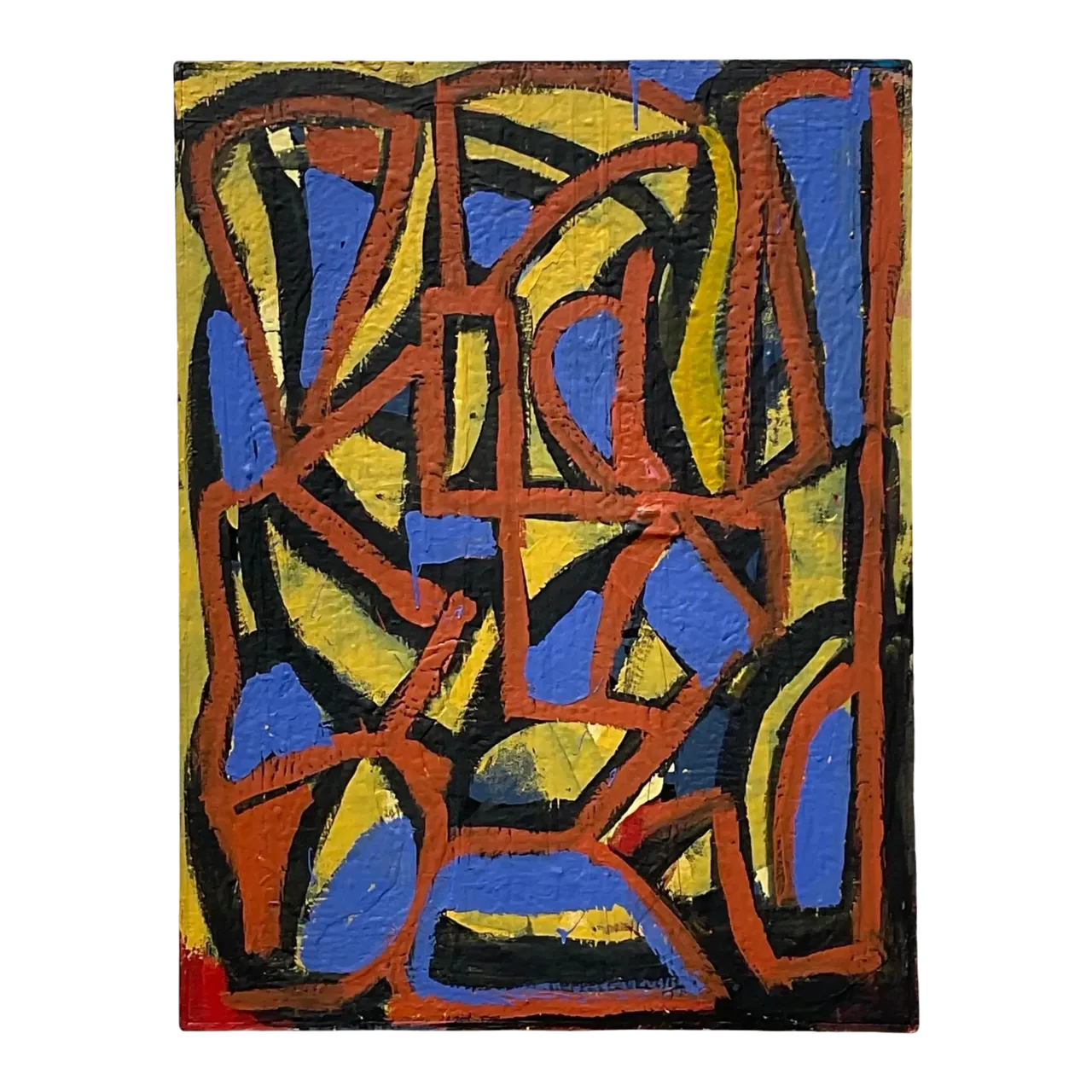 Vintage Boho Geometric Abstract Oil on Canvas Painting