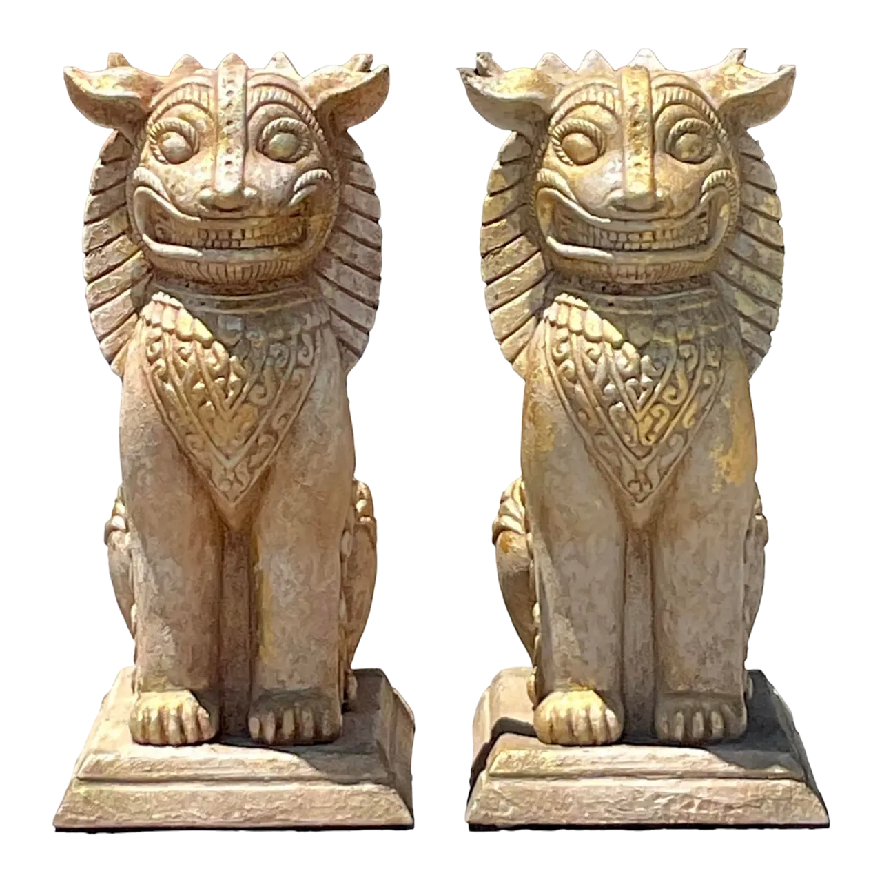 Vintage Boho Gilt Plaster Over Wood Foo Dogs - A Pair