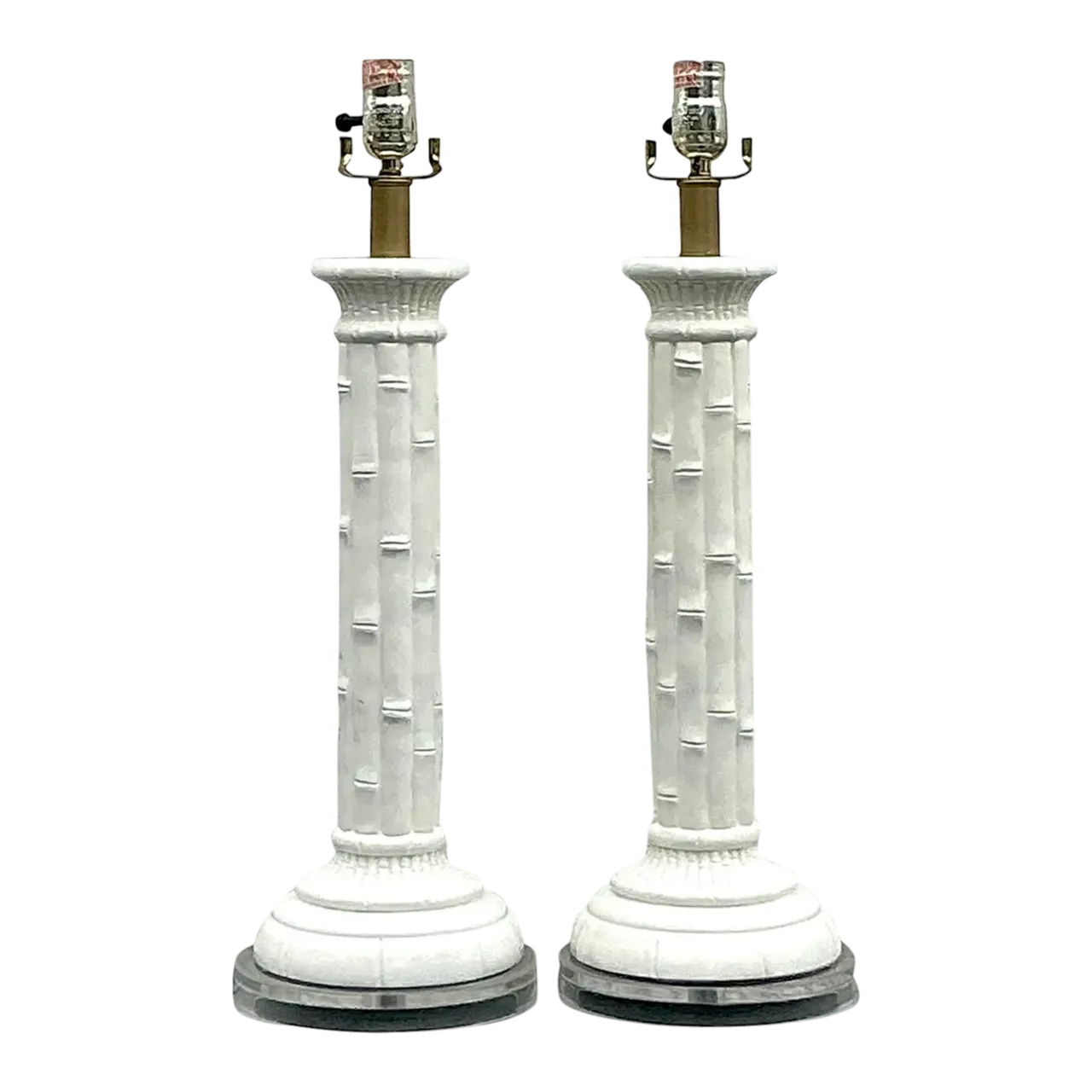 Vintage Boho Glazed Ceramic Bamboo Lamps - a Pair