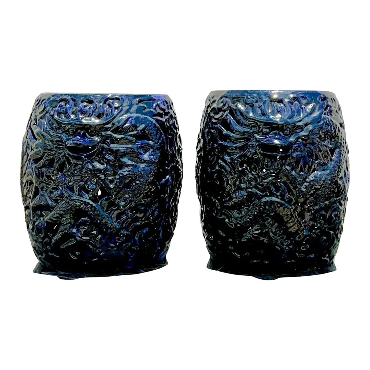 Vintage Boho Glazed Ceramic Dragon Stools - a Pair