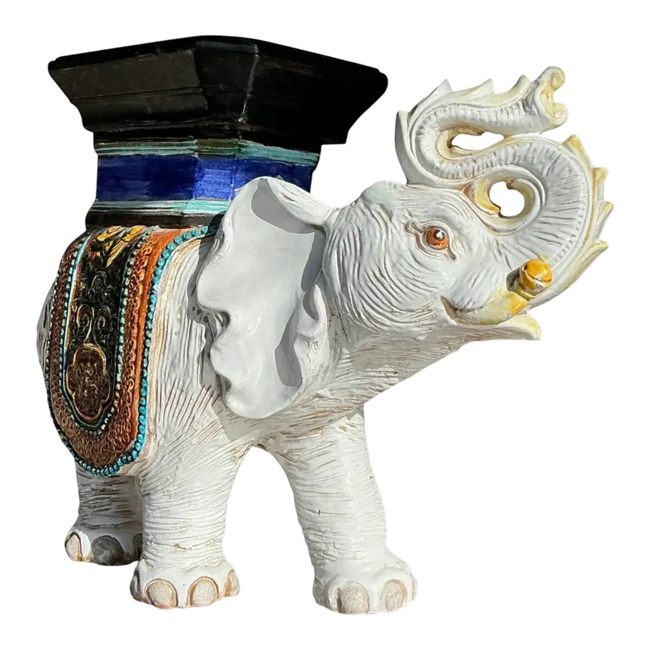 Vintage Boho Glazed Ceramic Elephant Low Stool - Ceramic, 26W x 21.25H