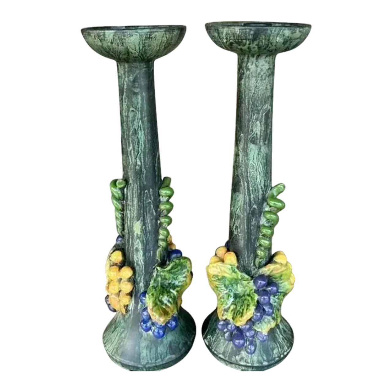 Vintage Boho Glazed Ceramic Grapes Candlesticks - a Pair