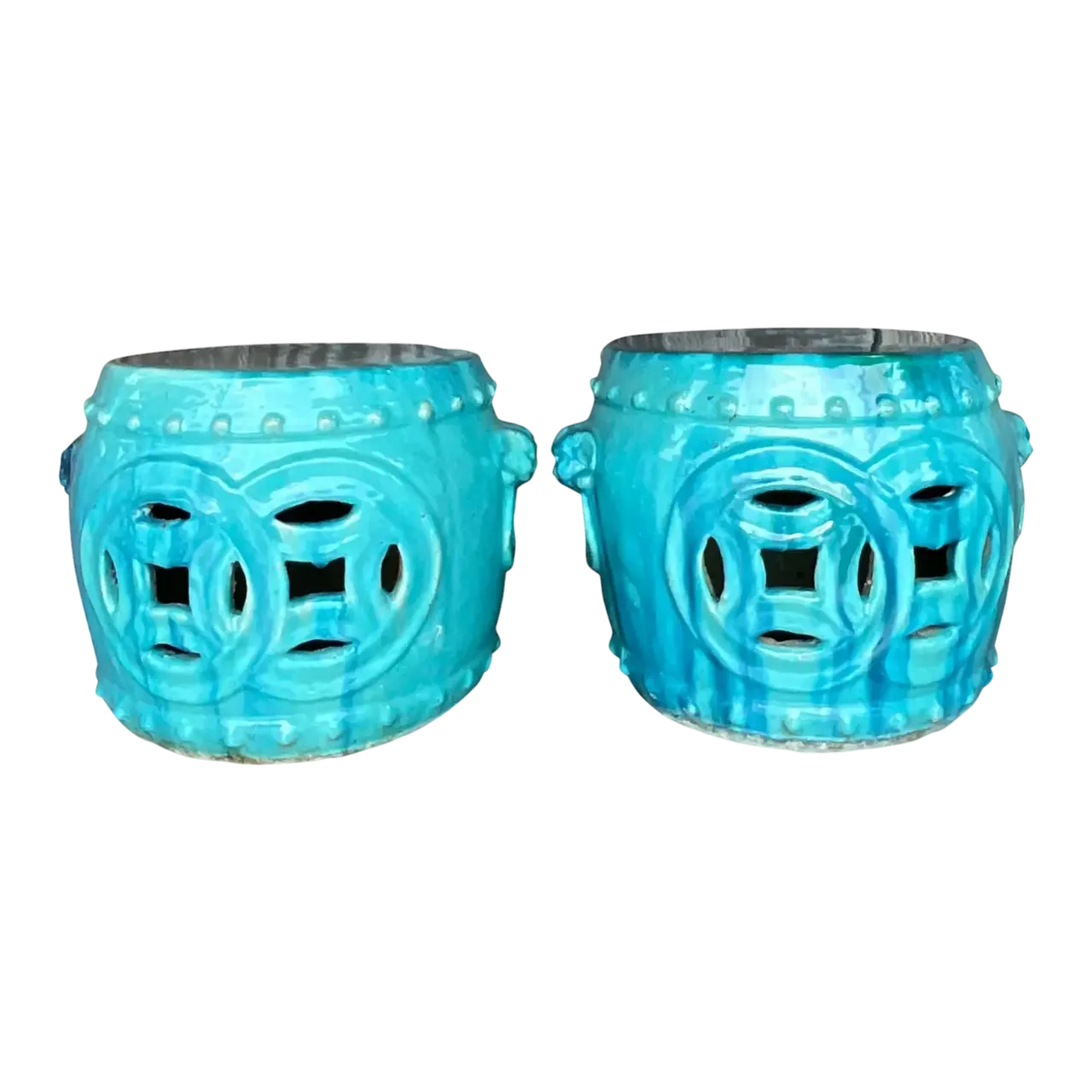 Vintage Boho Glazed Ceramic Low Stools - a Pair