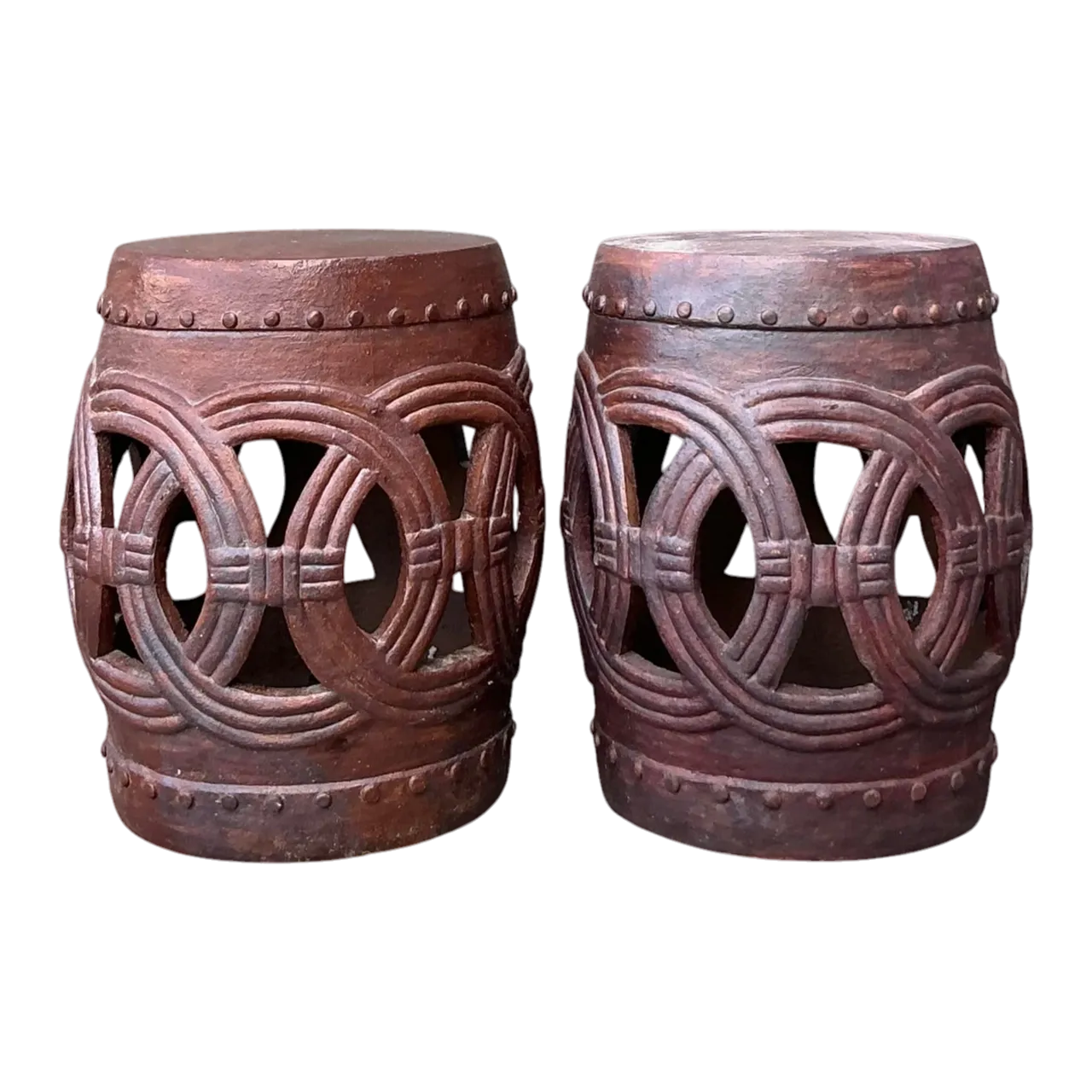 Vintage Boho Glazed Ceramic Rings Low Stools - A Pair