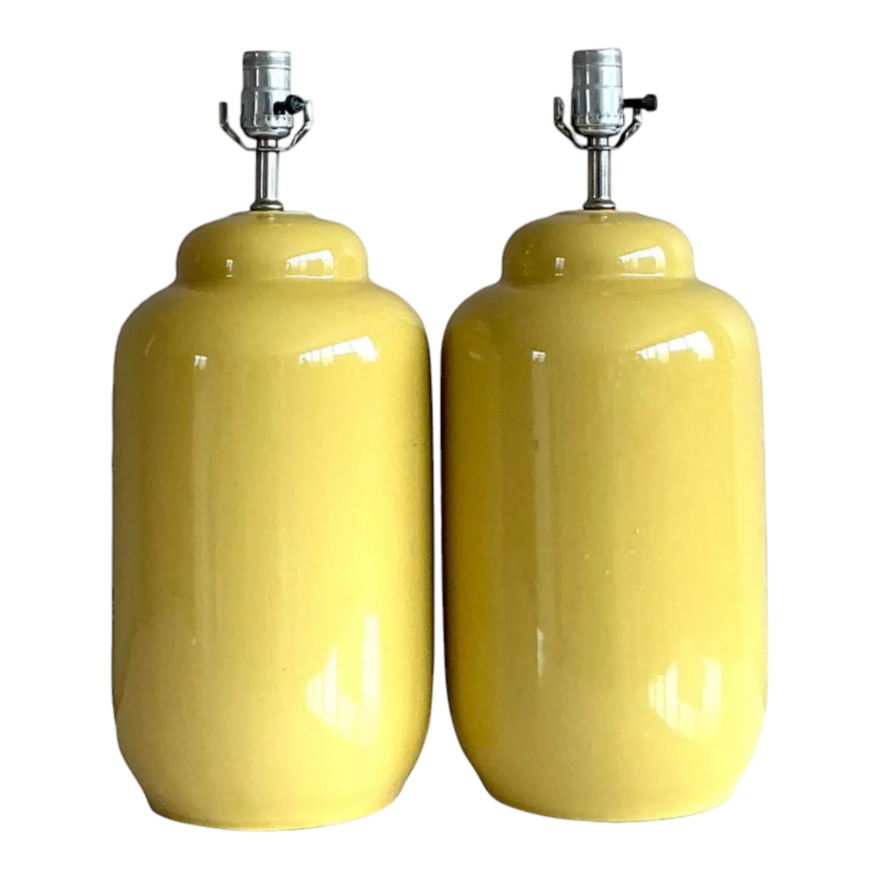 Vintage Boho Glazed Ceramic Yellow Lamps - A Pair
