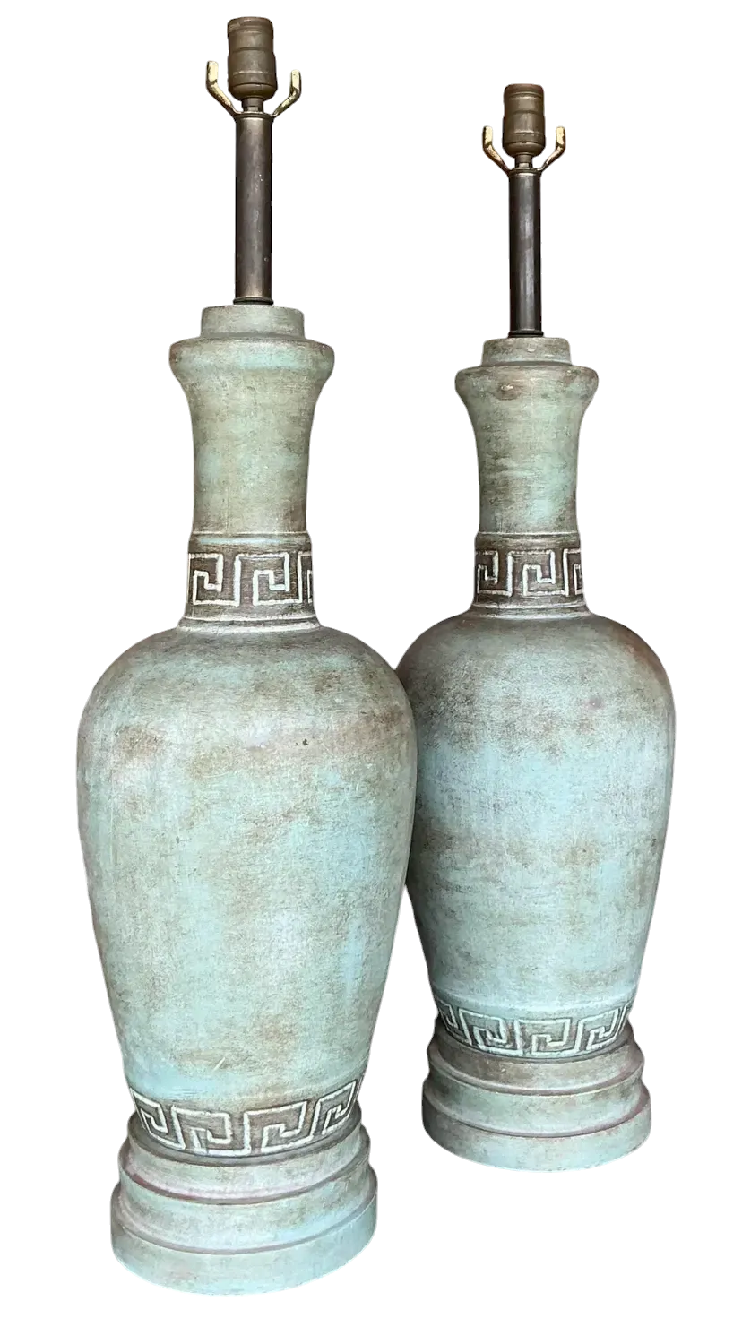 Vintage Boho Greek Key Matte Glazed Ceramic Lamps - a Pair