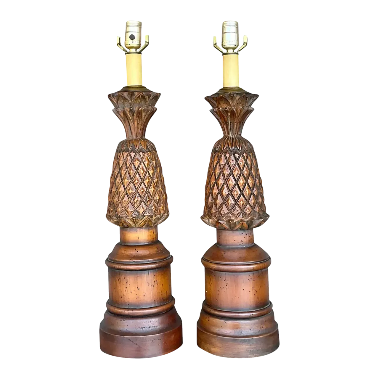 Vintage Boho Hand Carved Pineapple Lamps - a Pair