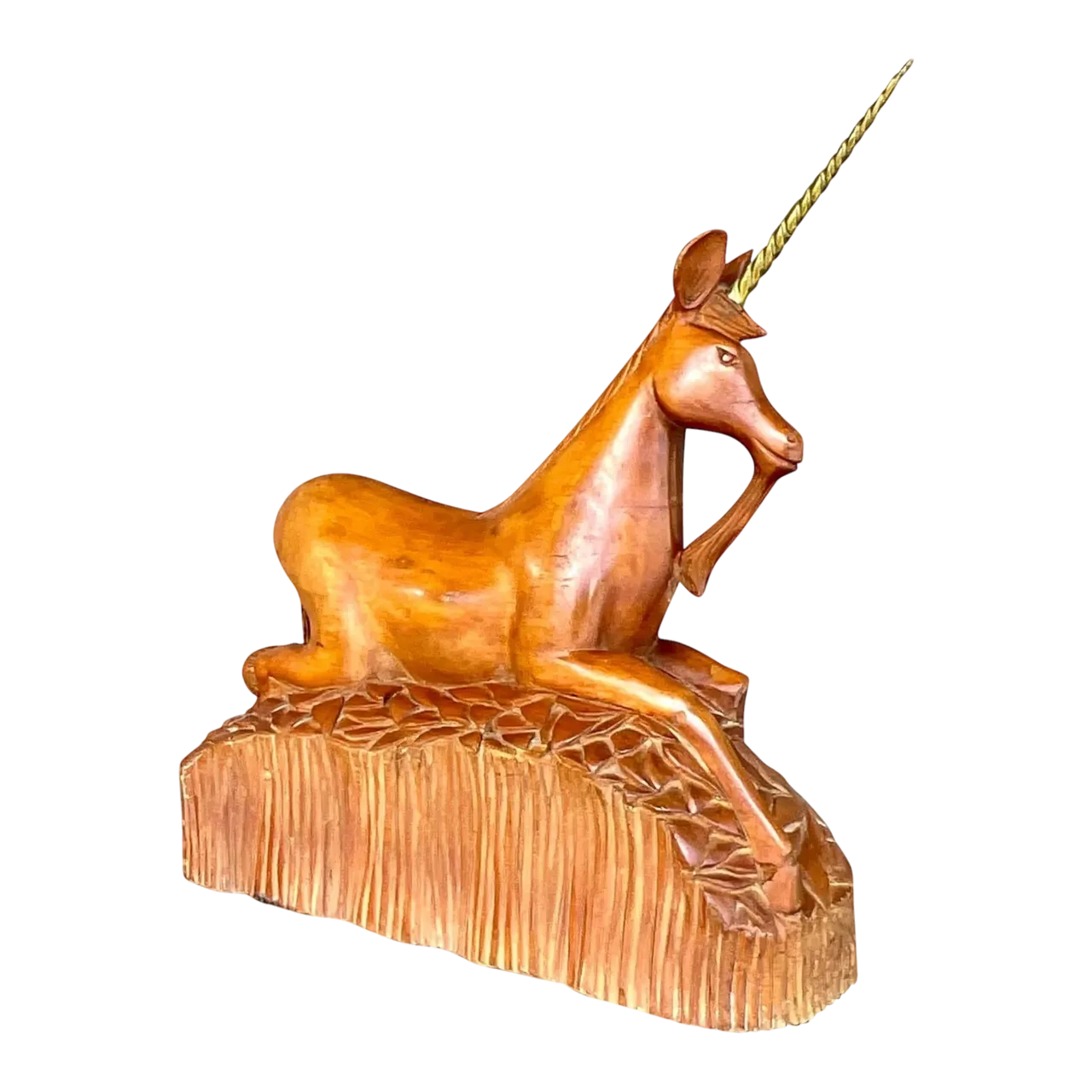 Vintage Boho Hand Carved Wood and Brass Unicorn