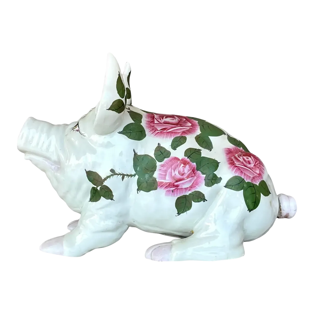 Vintage Boho Hand Painted Ceramic Pig With Roses