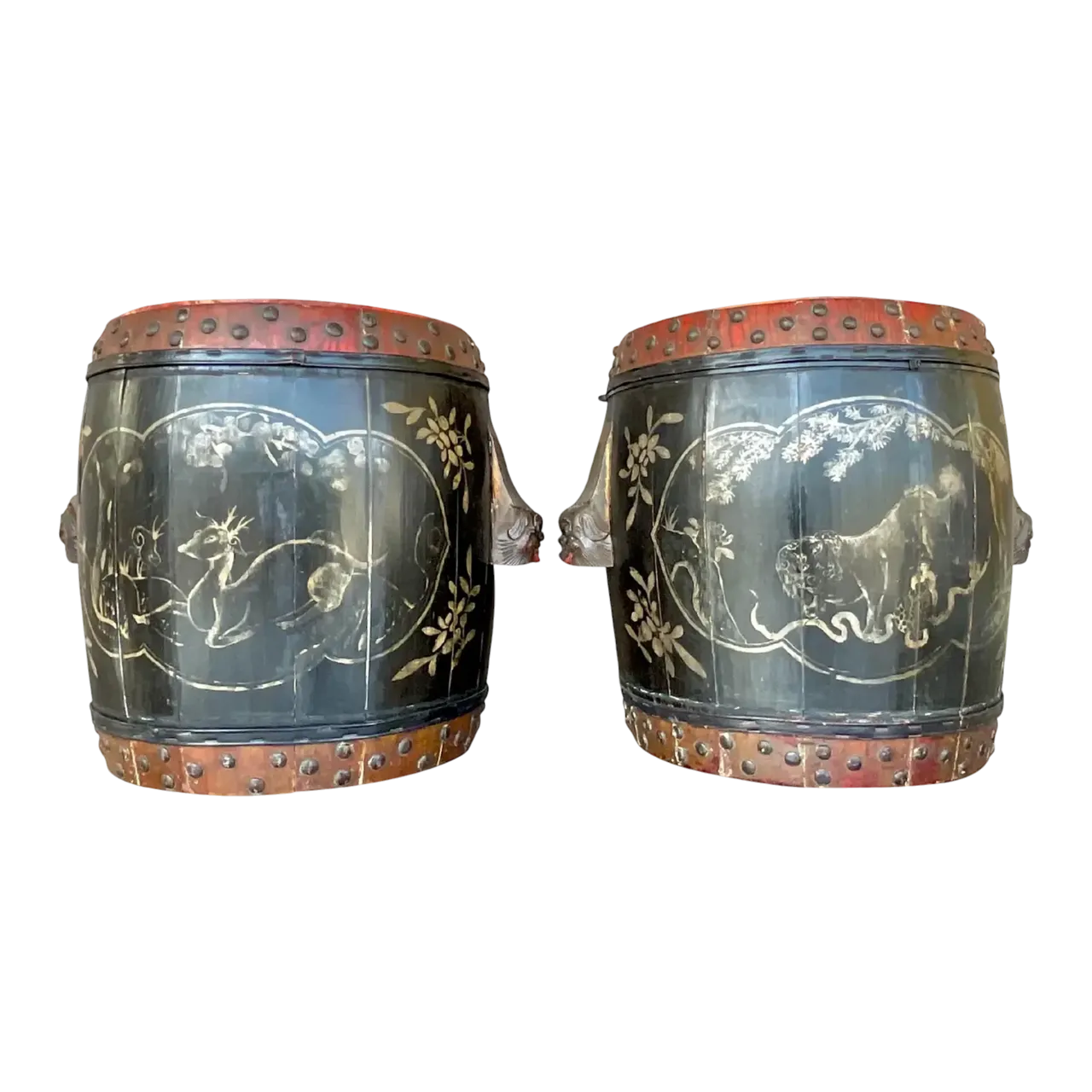 Vintage Boho Hand Painted Lidded Drums - a Pair