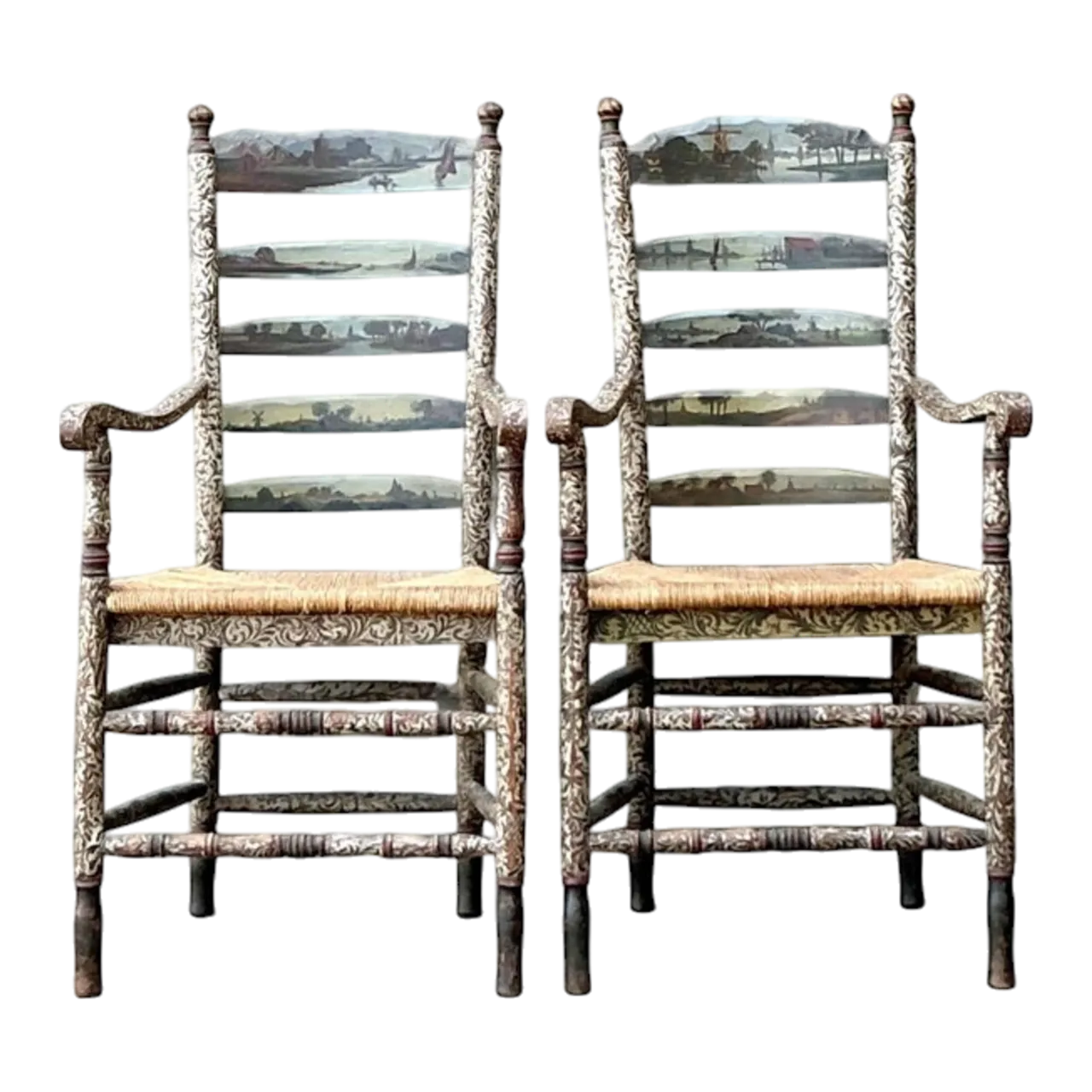 Vintage Boho Hand Painted Pastoral Ladder Back Chairs - A Pair