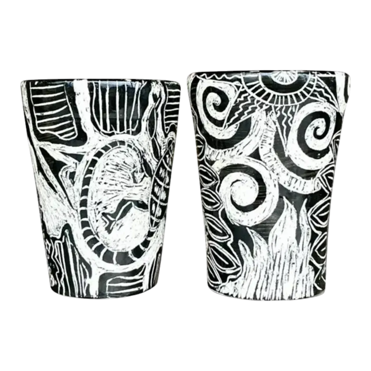 Vintage Boho Hand Painted Studio Pottery Figurative Vases - Set of 2
